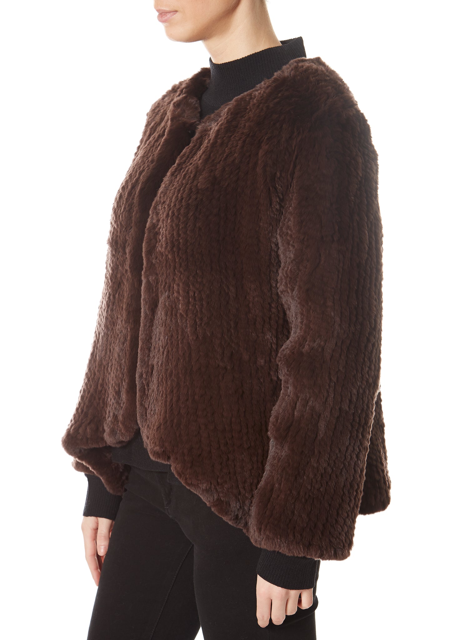 Brown Asymmetric Knitted Rex Rabbit Jacket - Jessimara