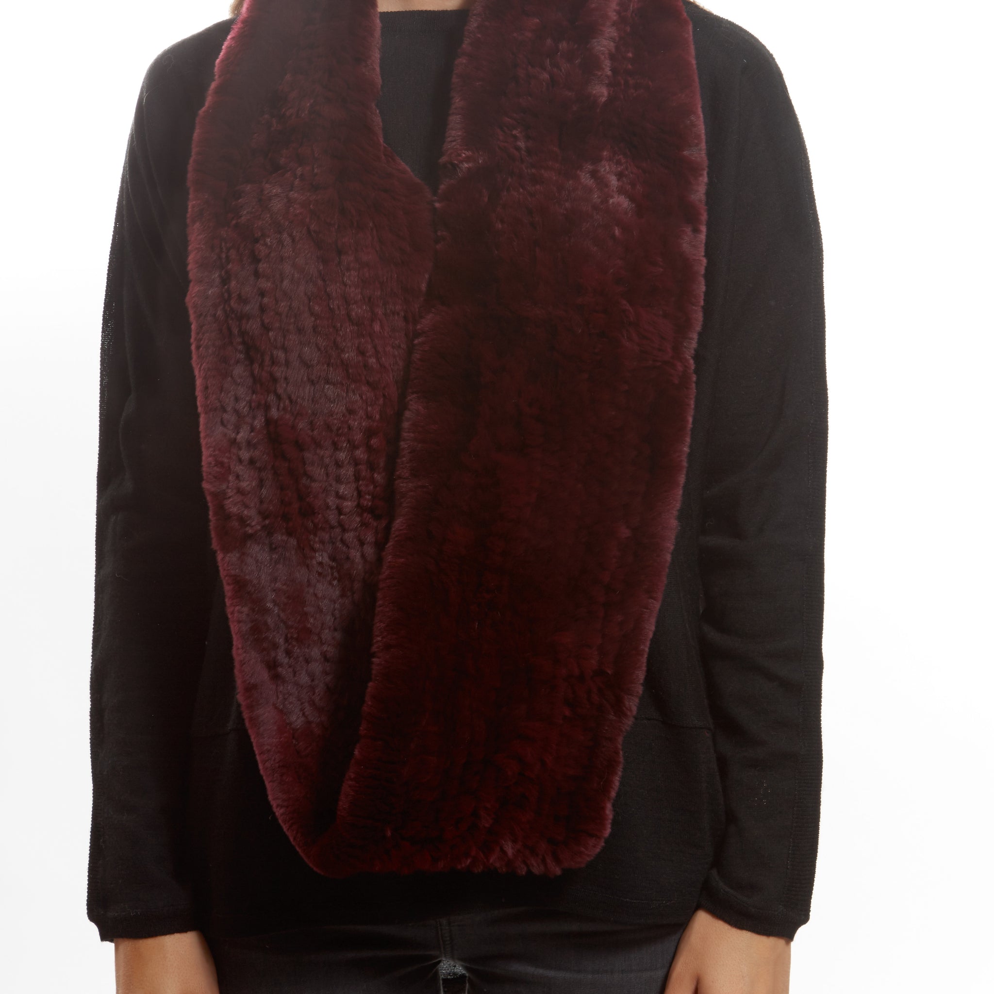 Burgundy Knitted Rabbit Double Snood With Fur Trim - Jessimara