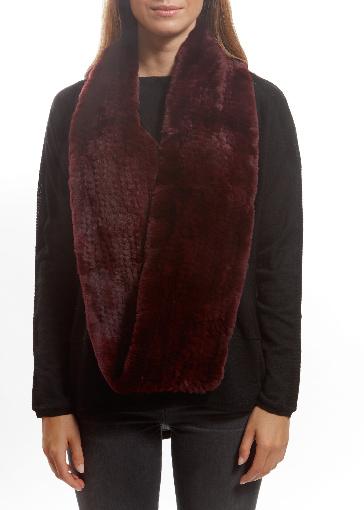 Burgundy Knitted Rabbit Double Snood With Fur Trim - Jessimara