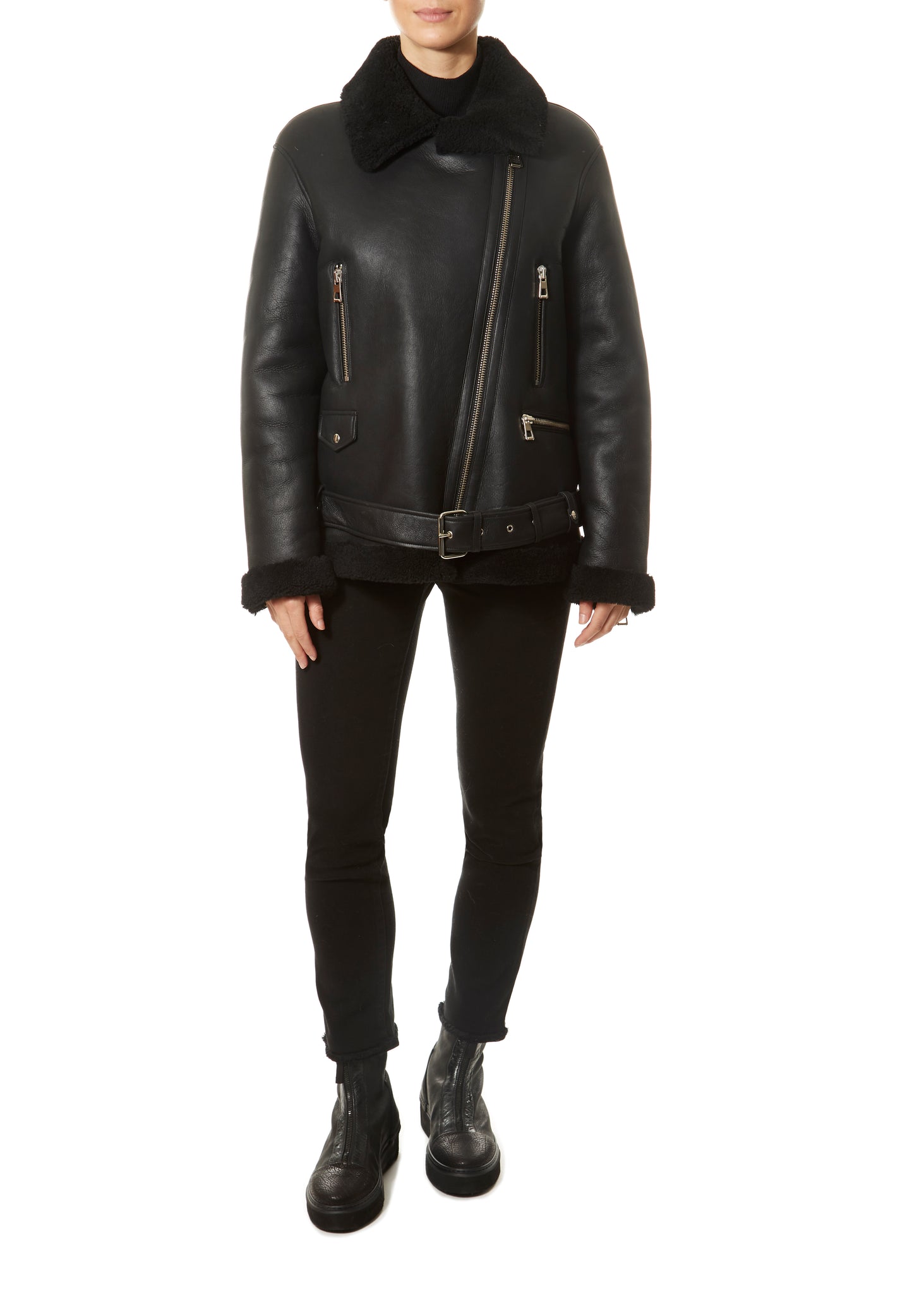 Black Aviator Sheepskin Coat - Jessimara