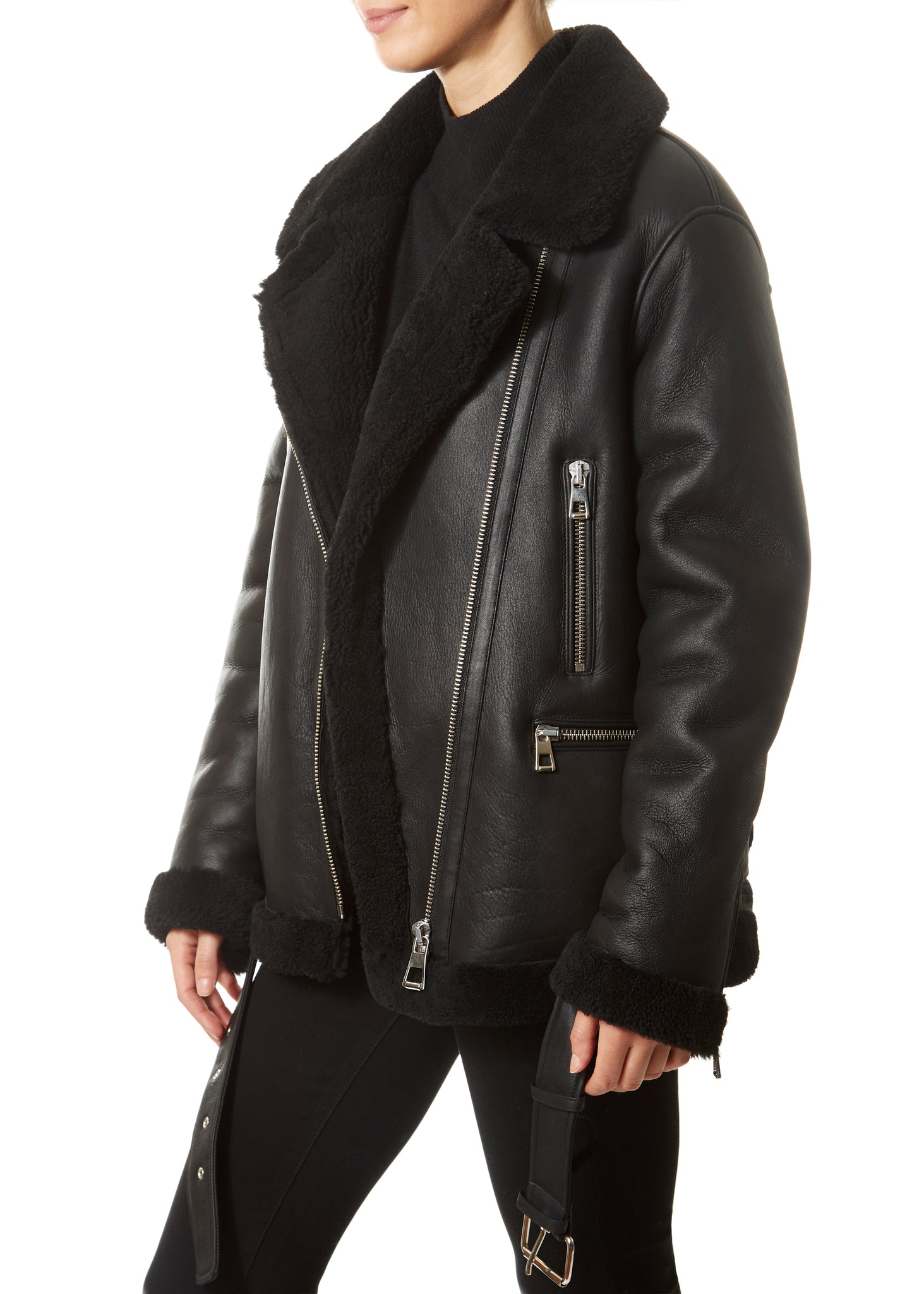 Black Aviator Sheepskin Coat - Jessimara