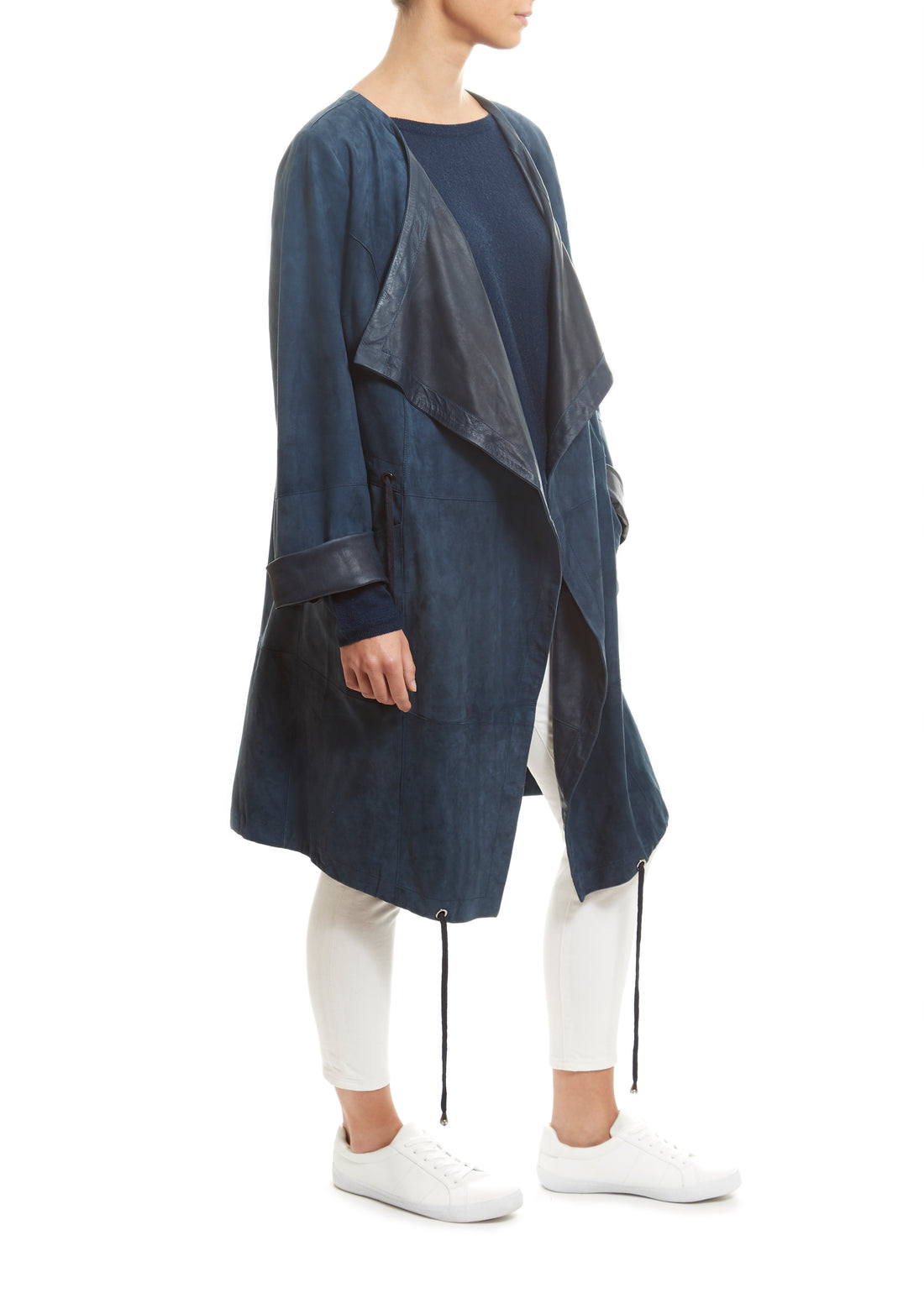 Long Navy Suede Belted Coat - Jessimara