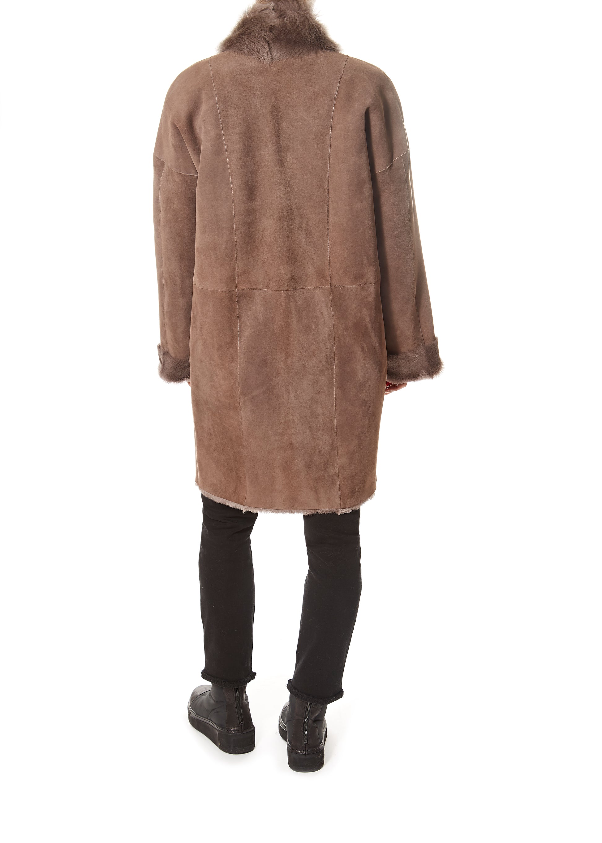 Loose New Taupe Shawl Collar Sheepskin Coat - Jessimara