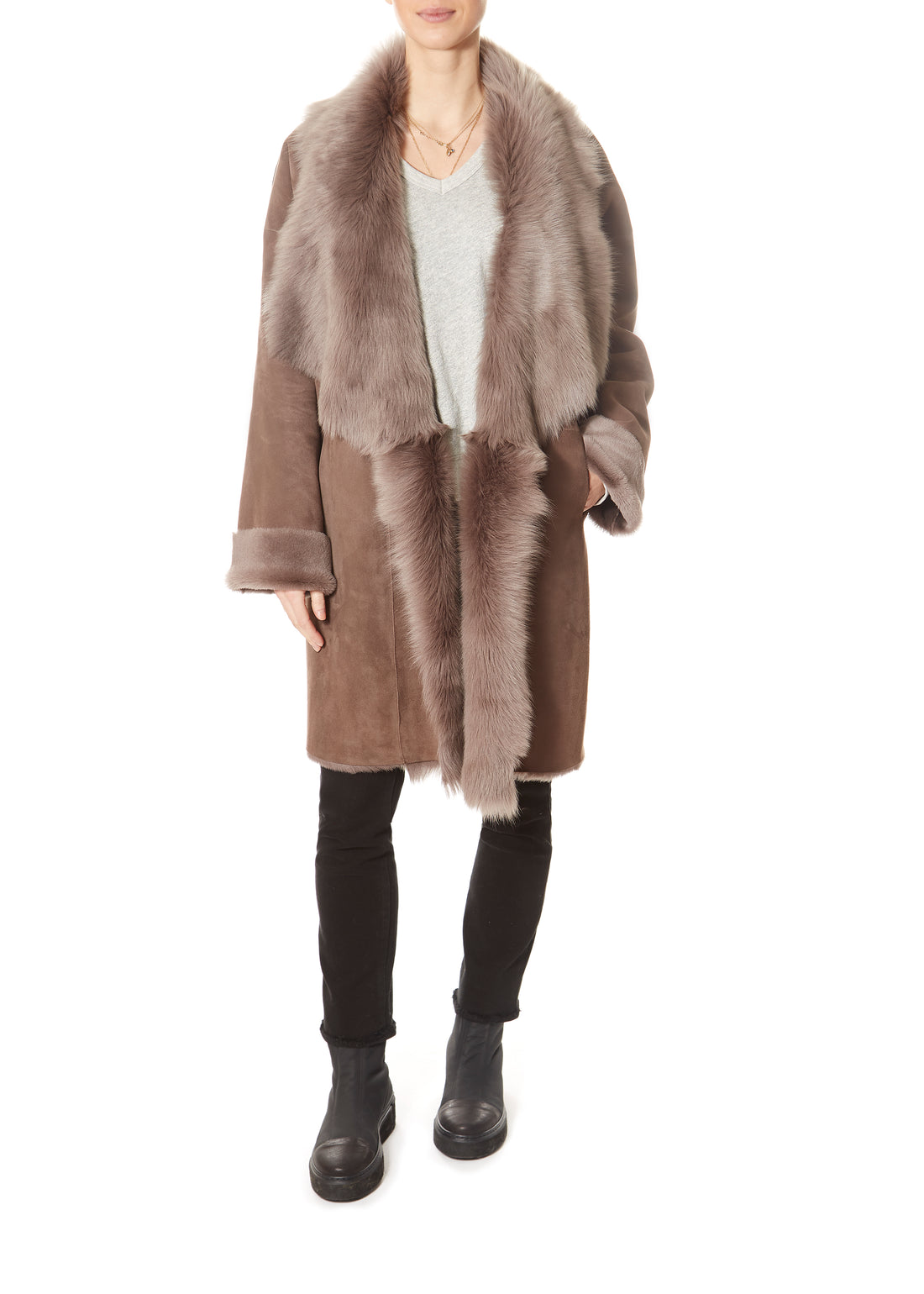 Loose New Taupe Shawl Collar Sheepskin Coat - Jessimara