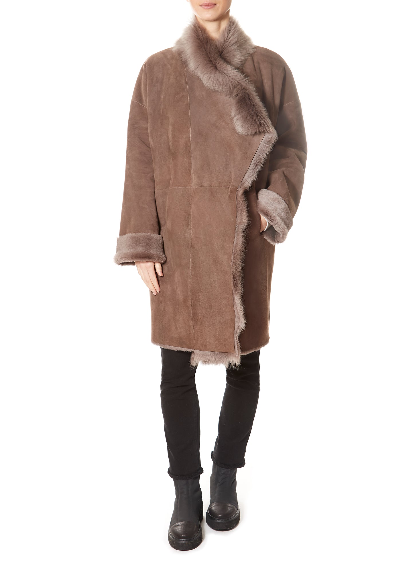 Loose New Taupe Shawl Collar Sheepskin Coat - Jessimara