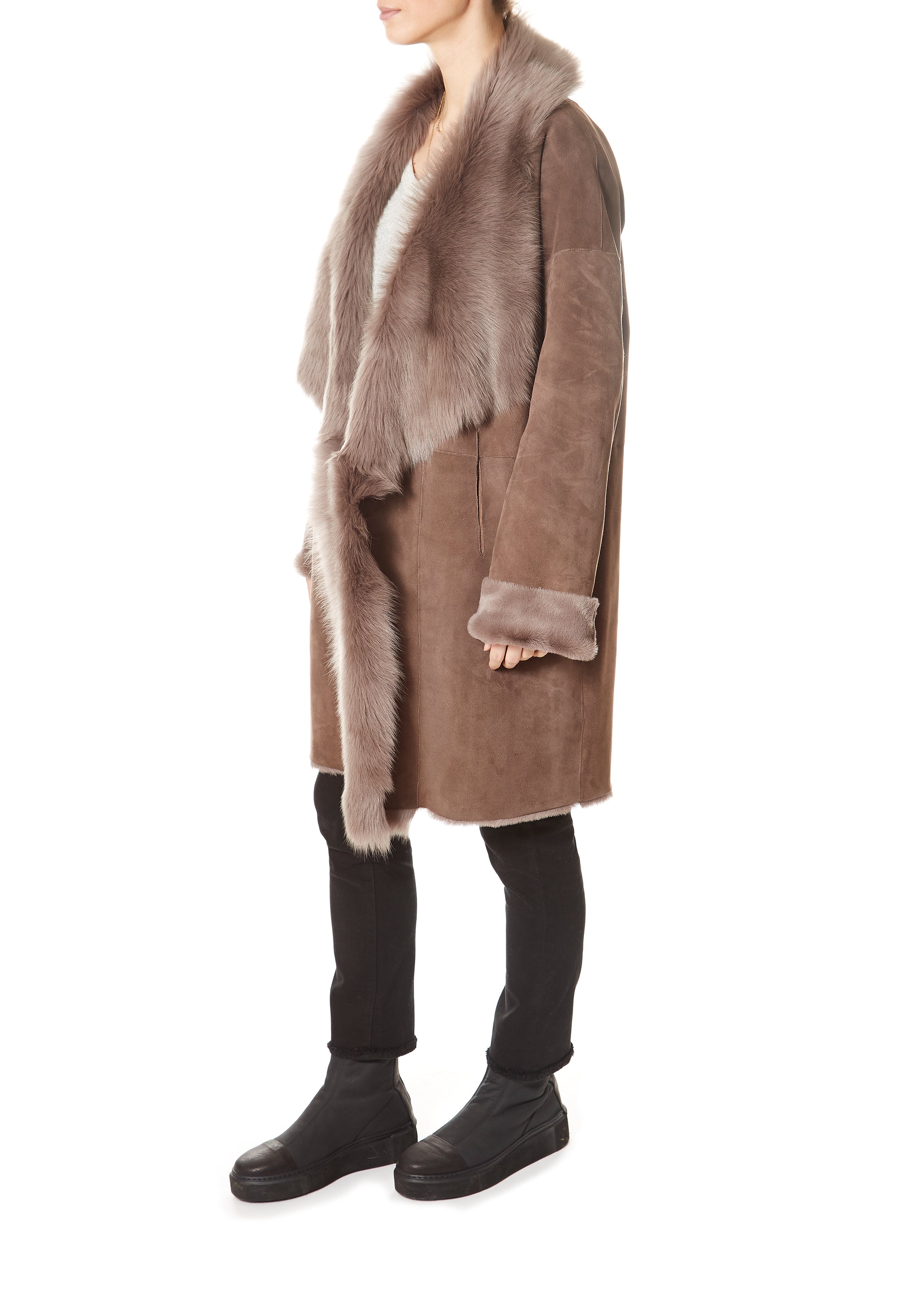 Loose New Taupe Shawl Collar Sheepskin Coat - Jessimara