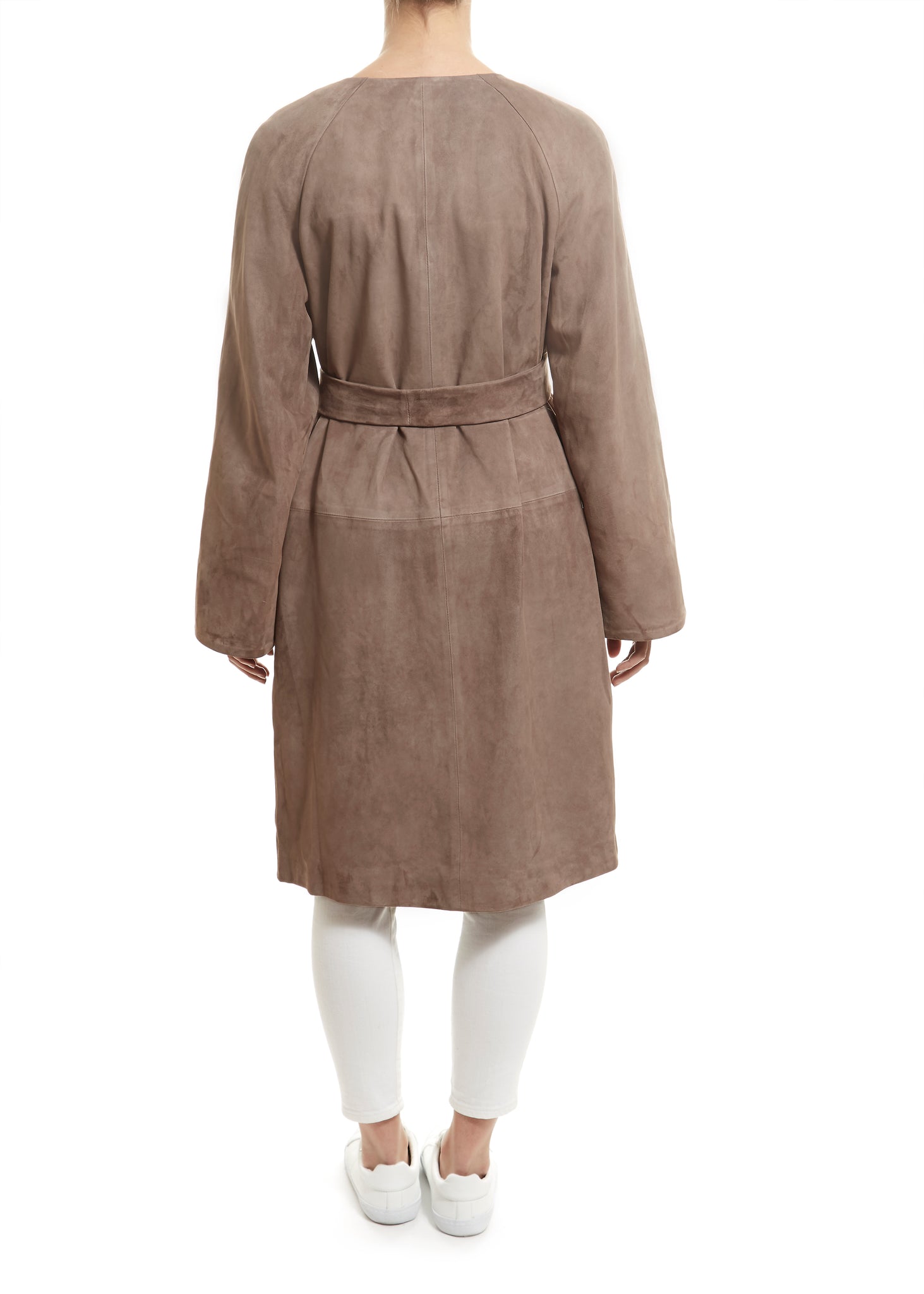 Long Taupe Suede Belted Coat - Jessimara