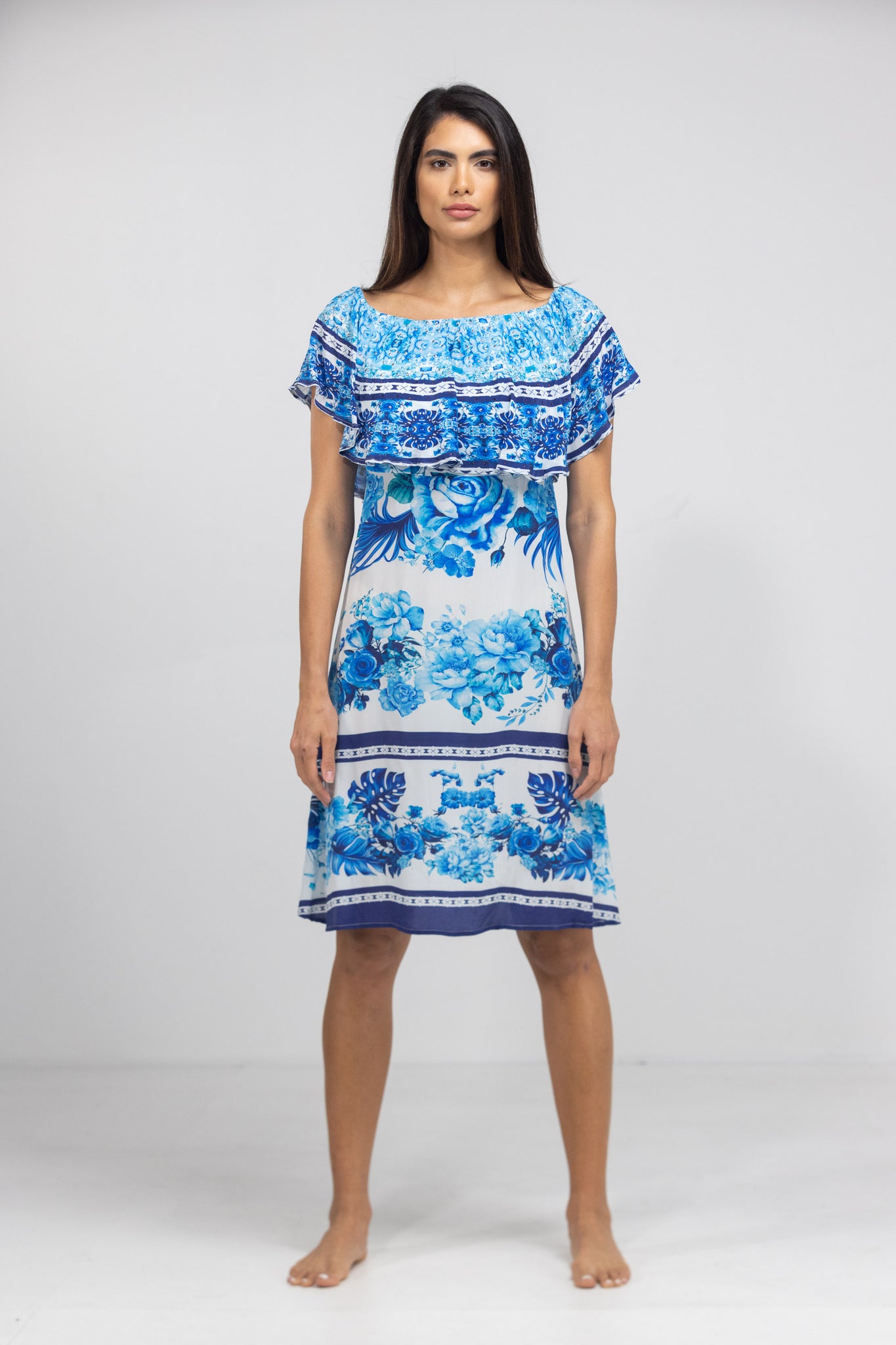 Blue Sydney Print Frill Neck Dress Short