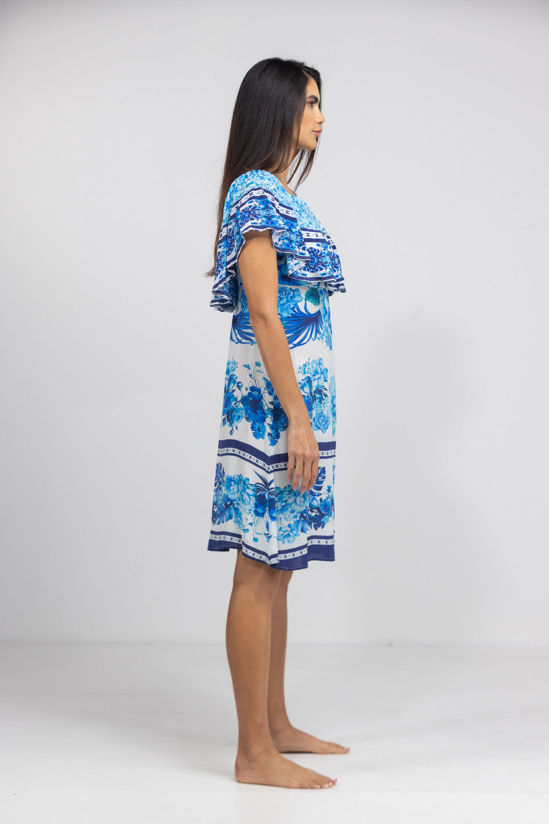 Blue Sydney Print Frill Neck Dress Short