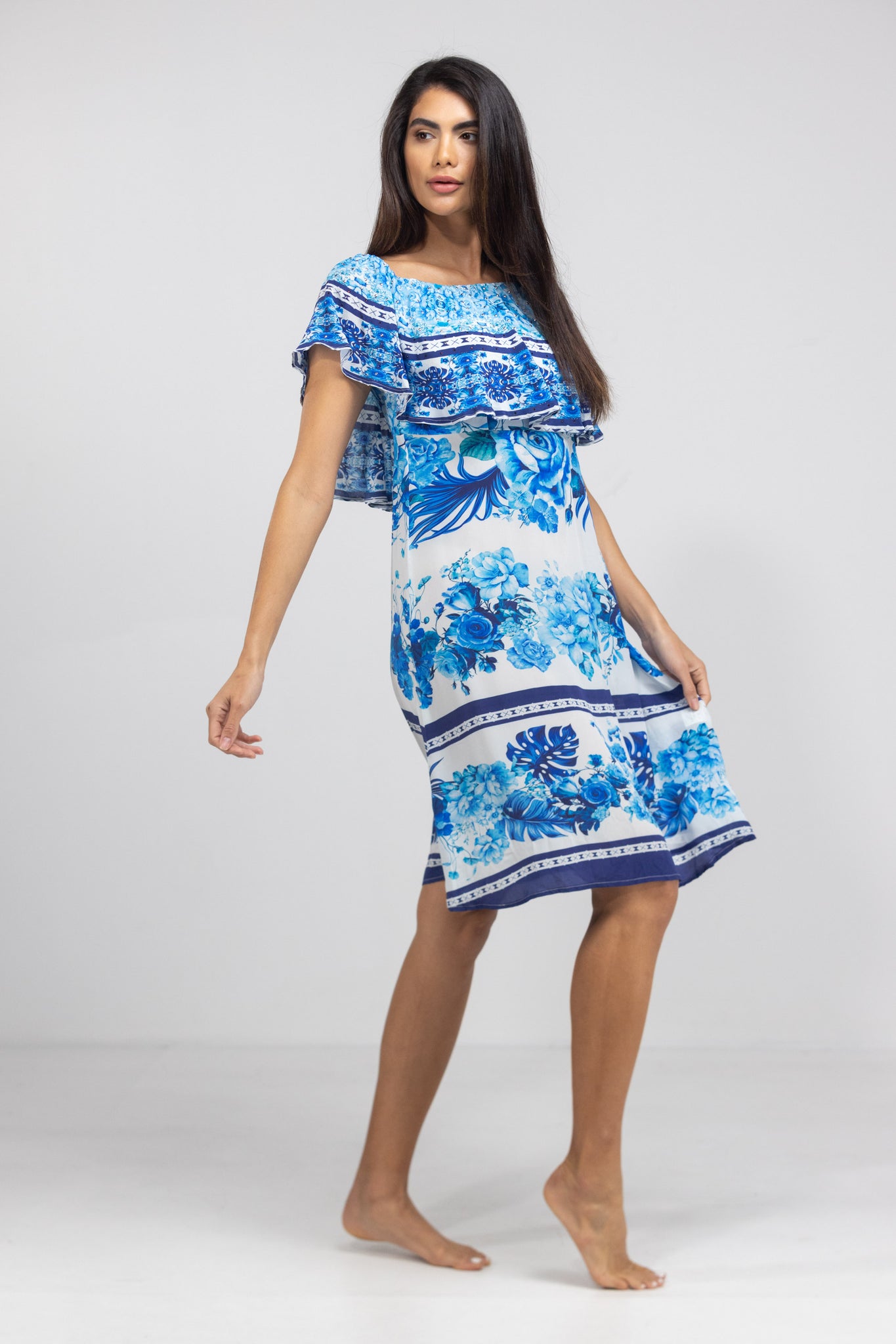 Blue Sydney Print Frill Neck Dress Short