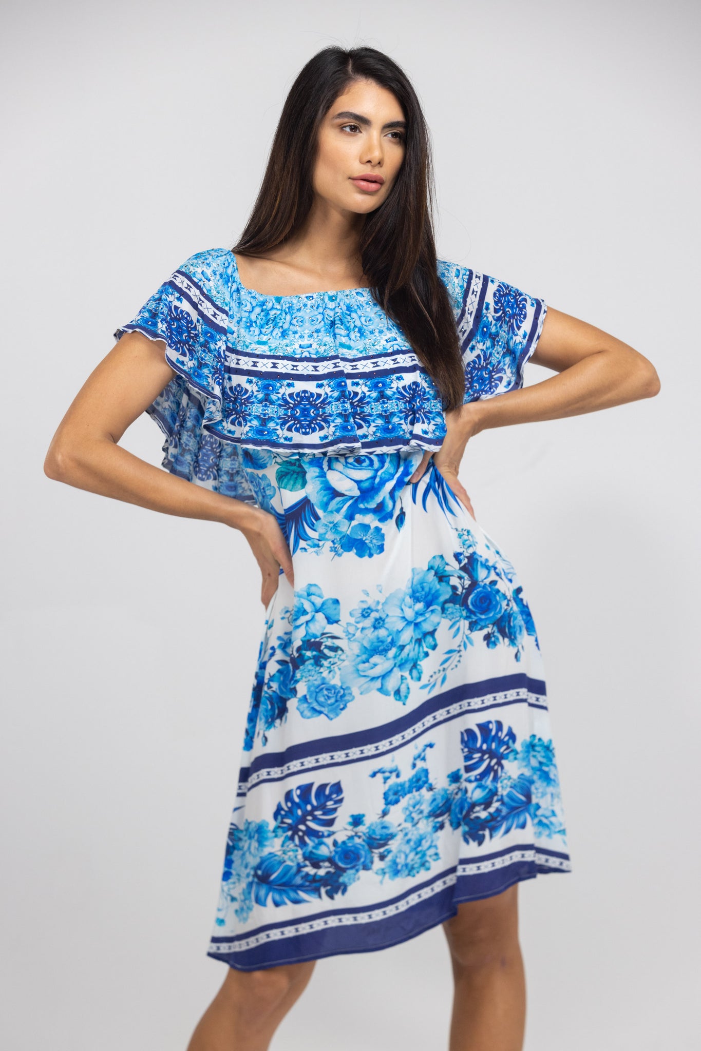 Blue Sydney Print Frill Neck Dress Short
