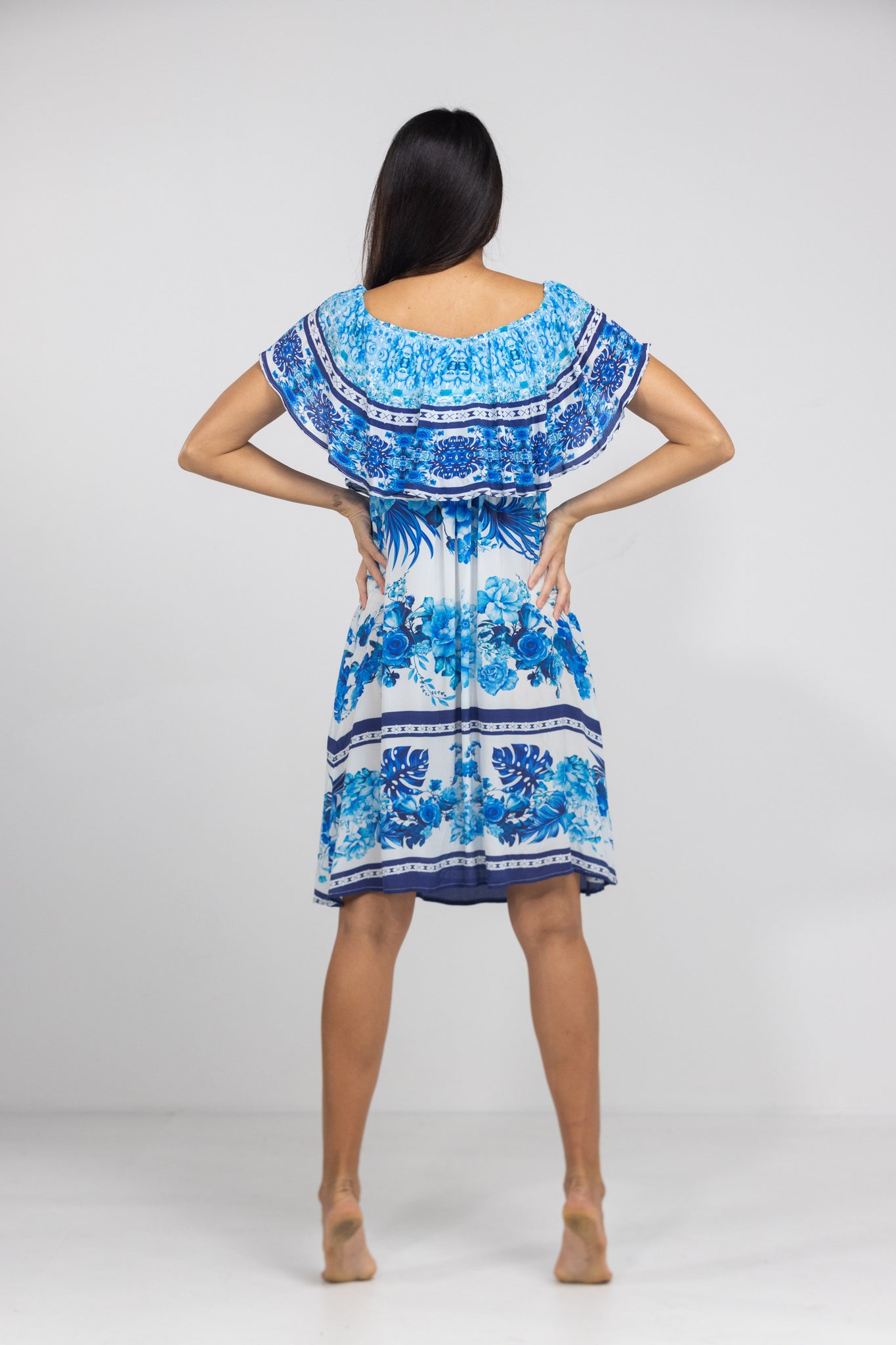 Blue Sydney Print Frill Neck Dress Short