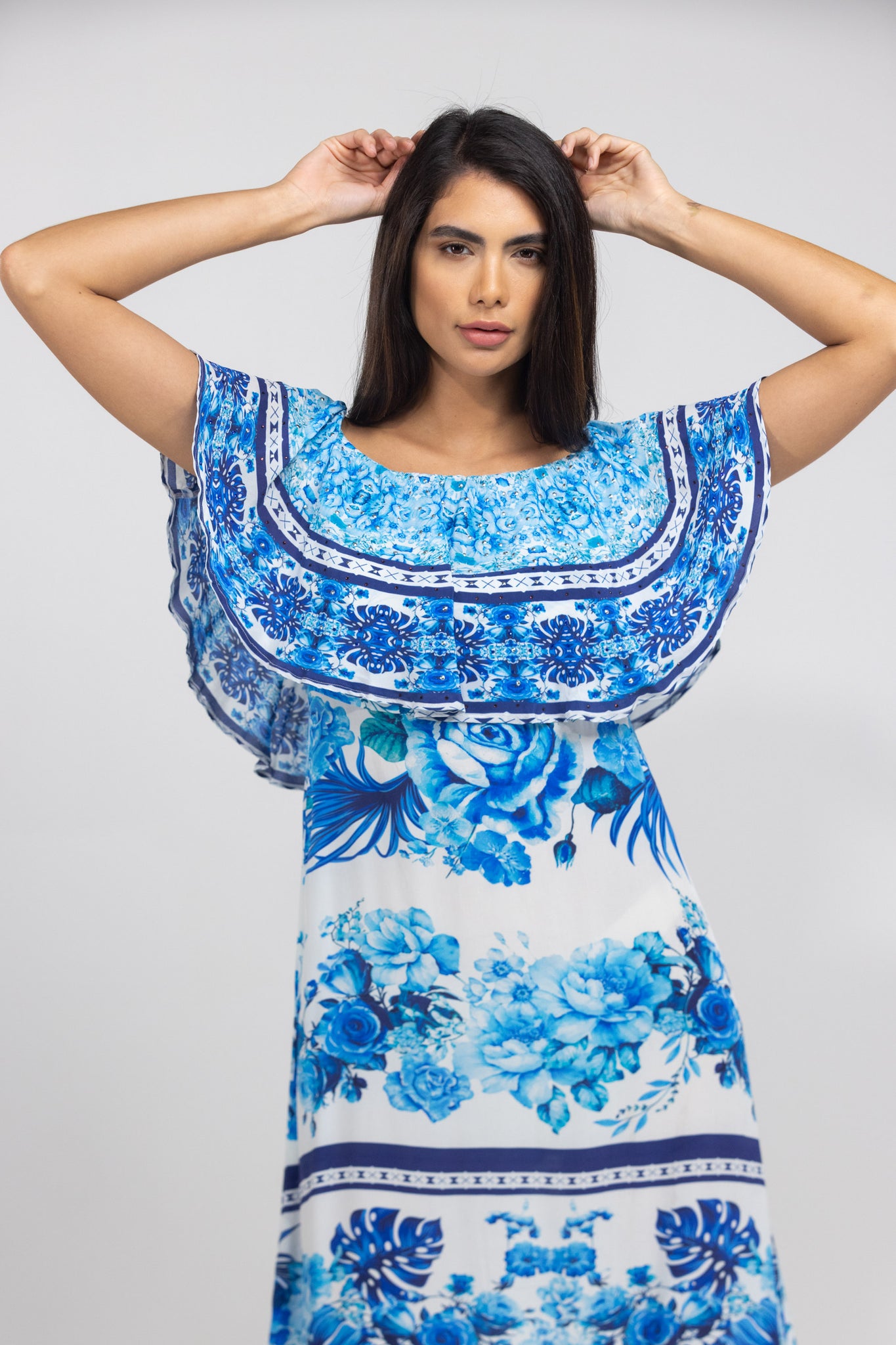 Blue Sydney Print Frill Neck Dress Short
