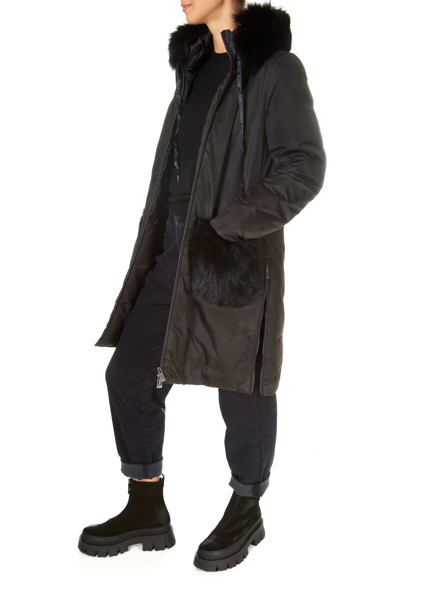 Pregio Fur Trim Puffer Black