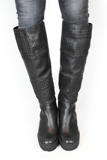 Puro Mixed Up Black Wedge Long Knee High Boot - Jessimara