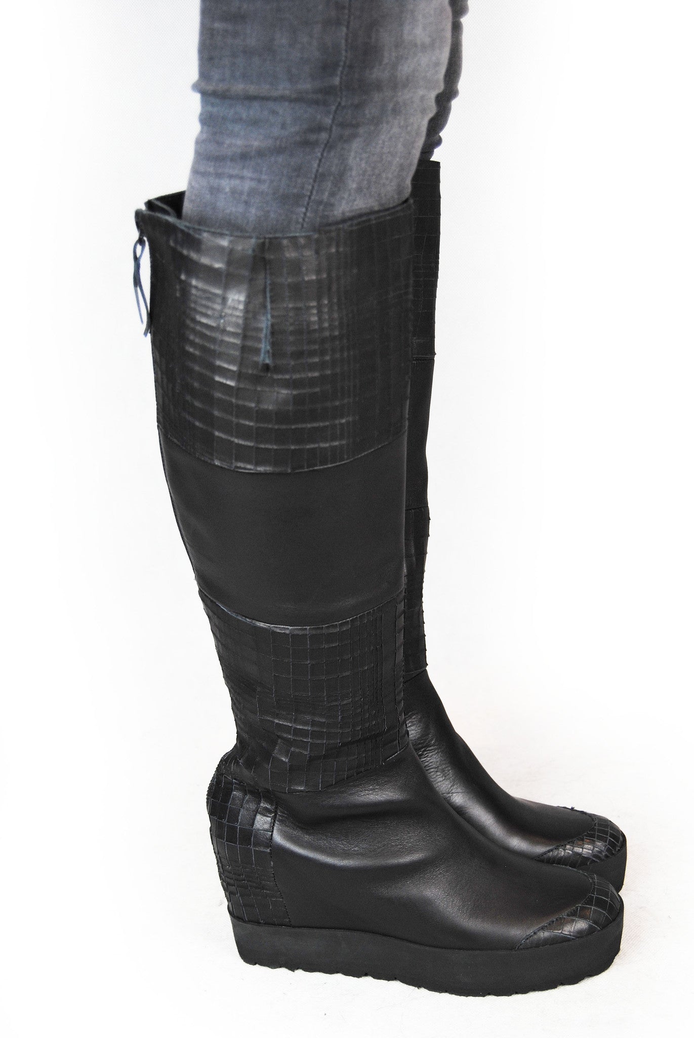 Puro Mixed Up Black Wedge Long Knee High Boot - Jessimara