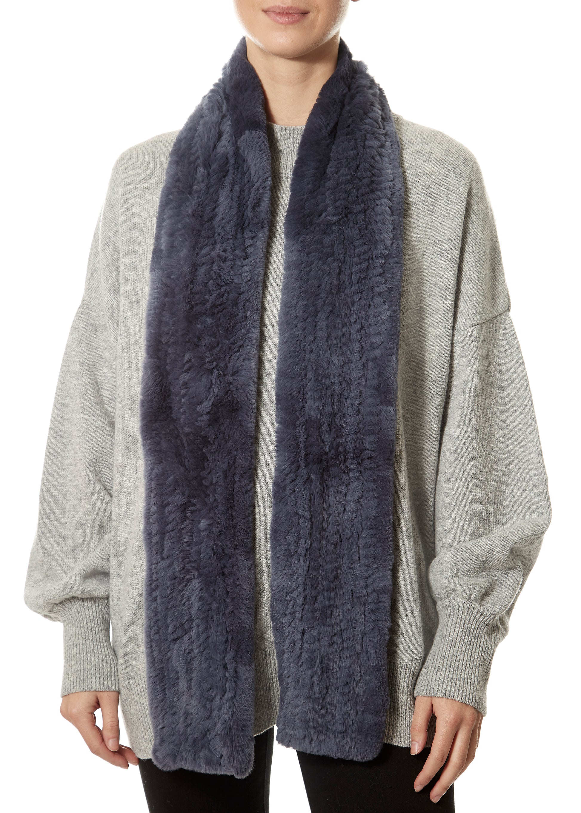 Dark Denim Blue Open Real Rex Rabbit Fur Scarf - Jessimara