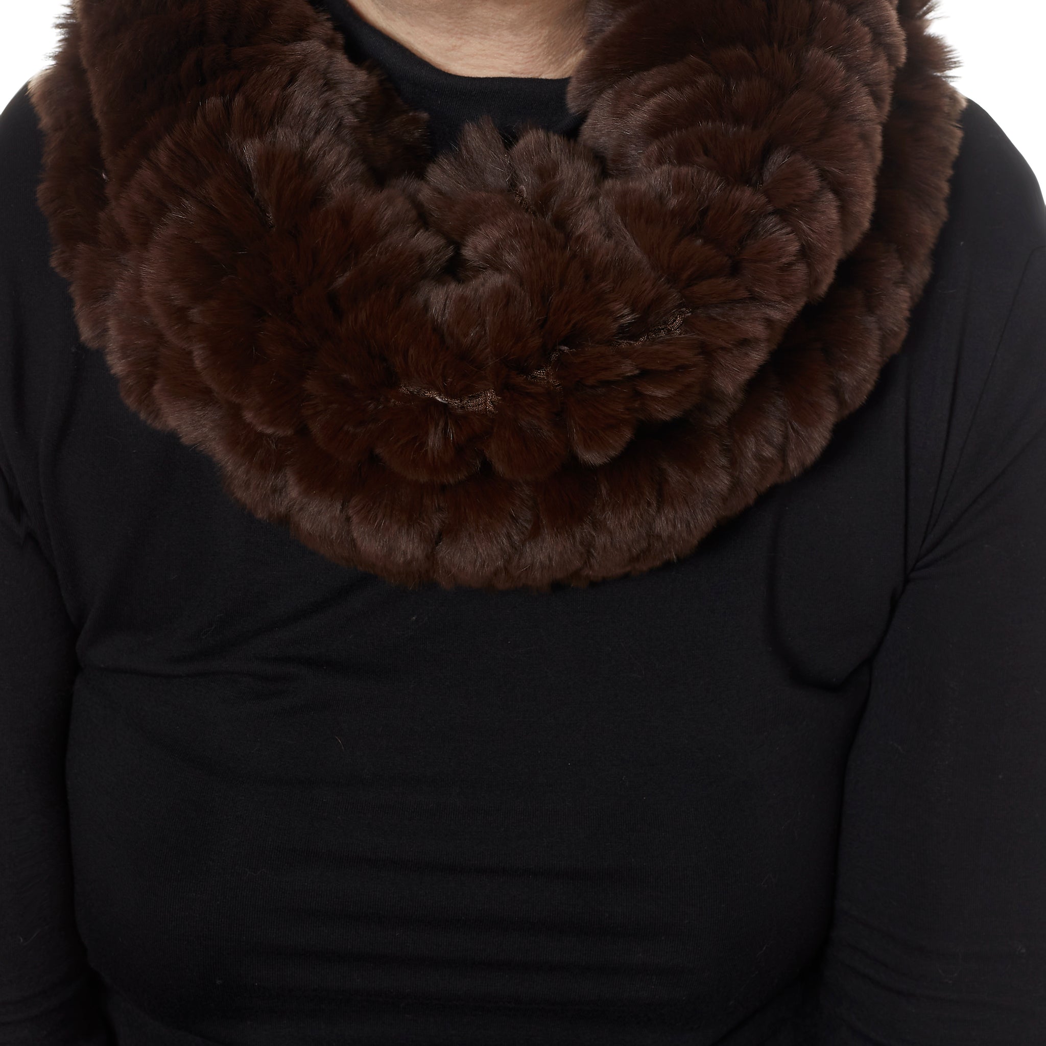 Bitter Chocolate Knitted Real Rex Rabbit Fur Single Snood Scarf - Jessimara