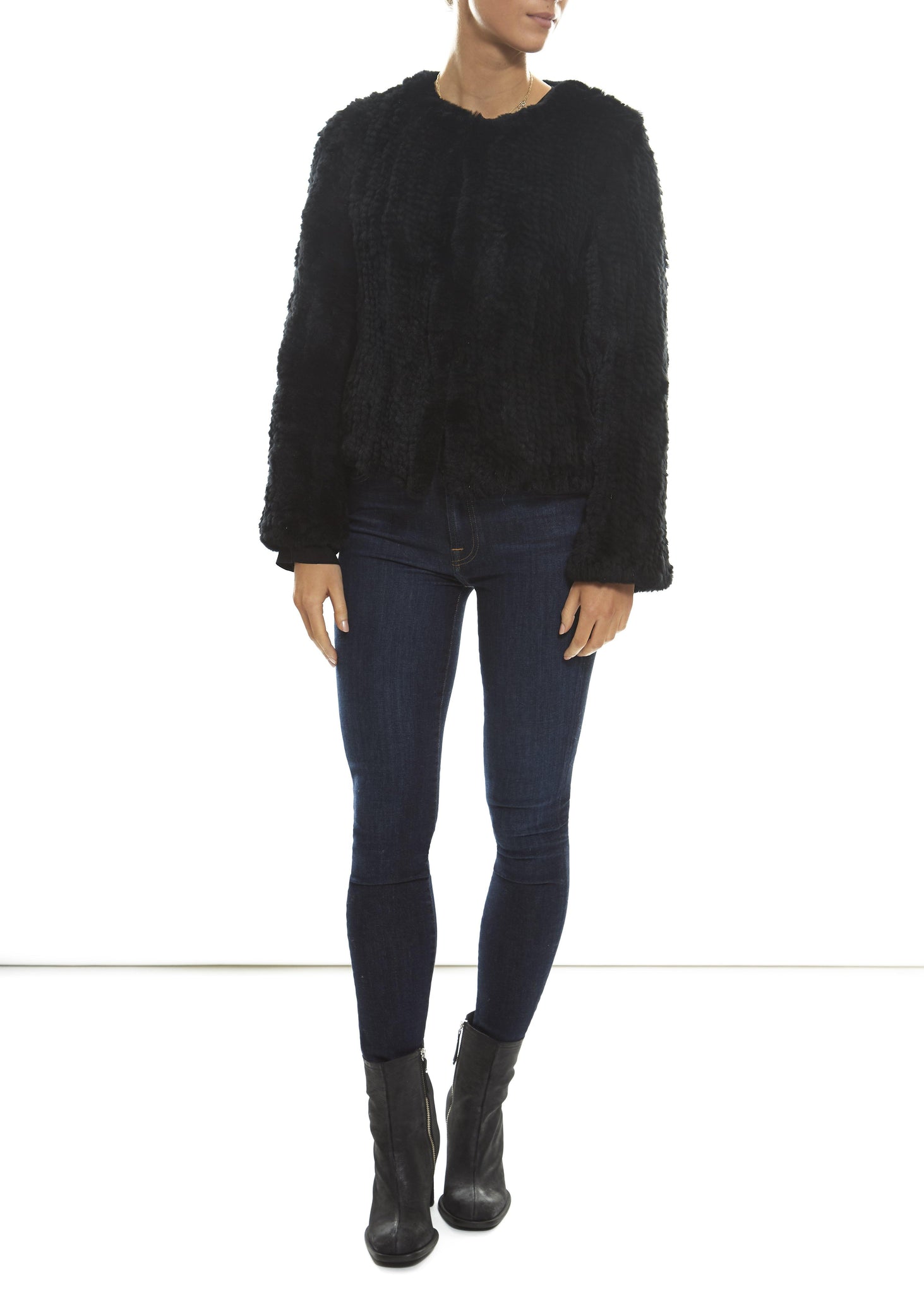 Short 'Black' Knitted Rex Rabbit Genuine Fur Jacket - Jessimara