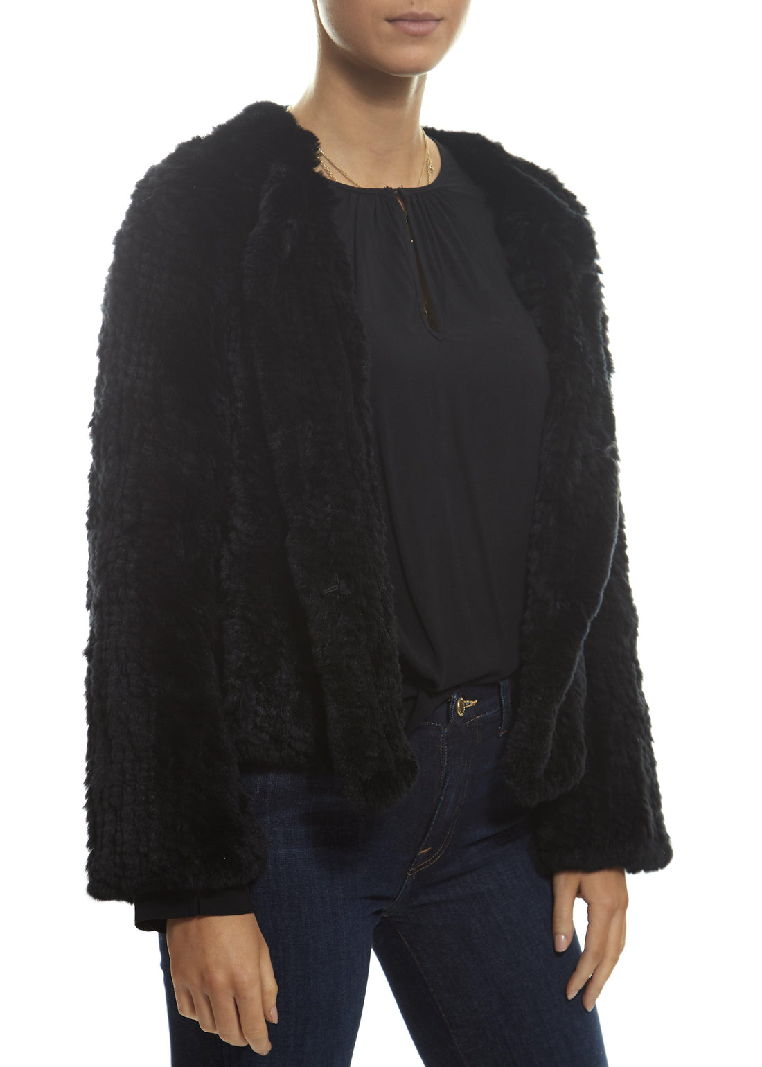 Short 'Black' Knitted Rex Rabbit Genuine Fur Jacket - Jessimara