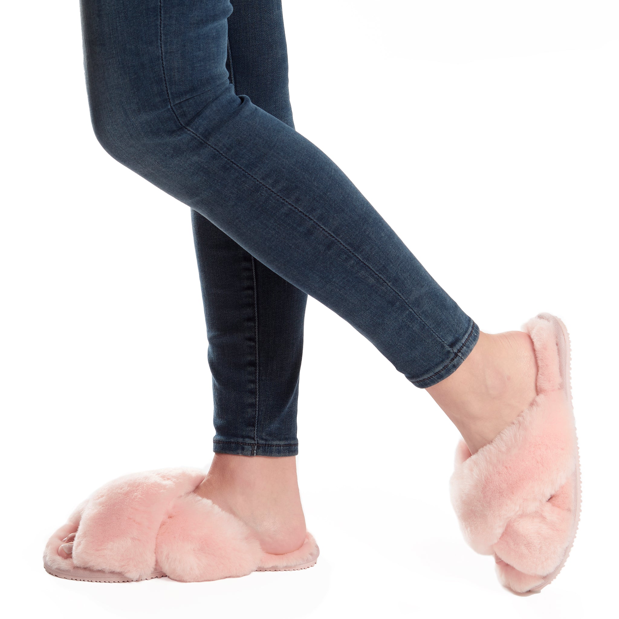 Baby Pink Criss Cross Luxury Sheepskin Slippers - Jessimara