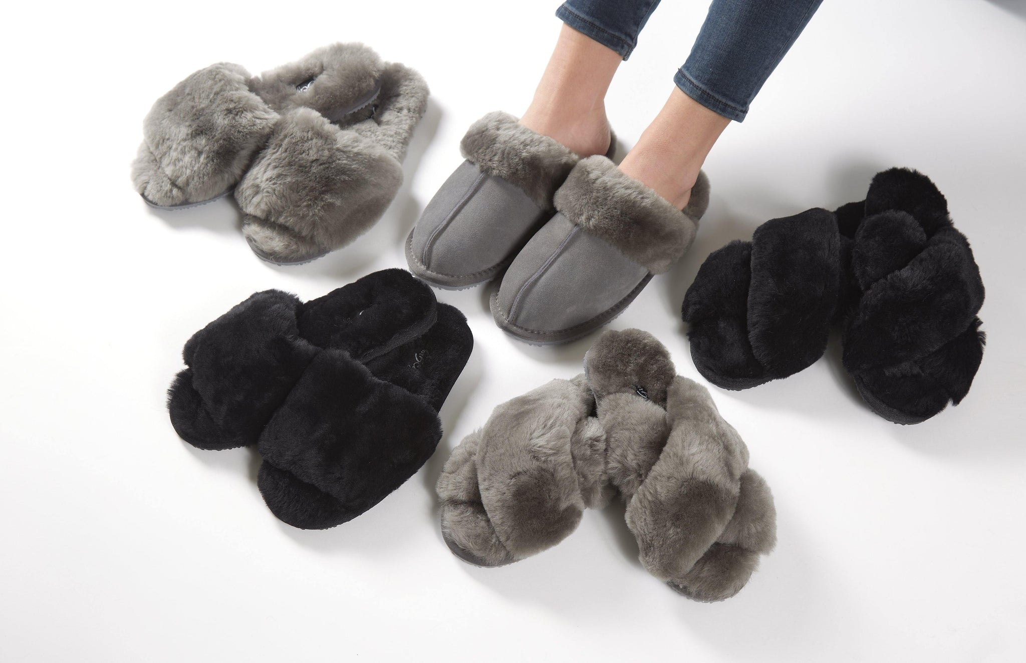 Black Sheepskin Deep Slipper Sliders - Jessimara