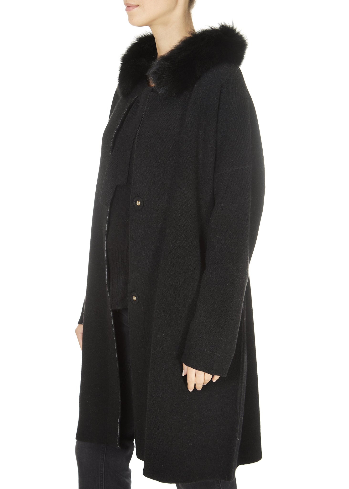 'Grafite' Black Fur Collar Cardigan Coat - Jessimara