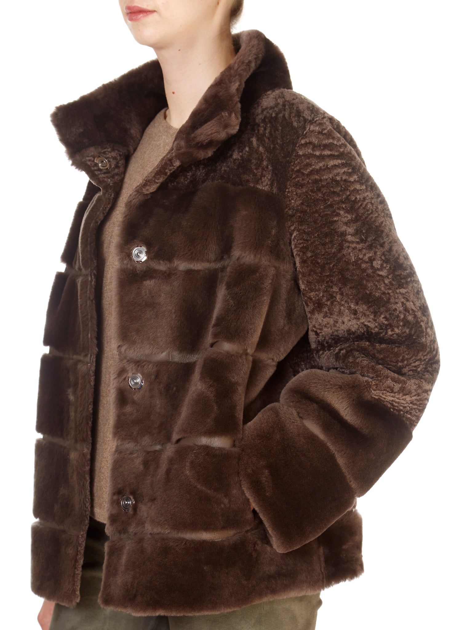Taupe Short Panelled Reversible Sheepskin Coat - Jessimara