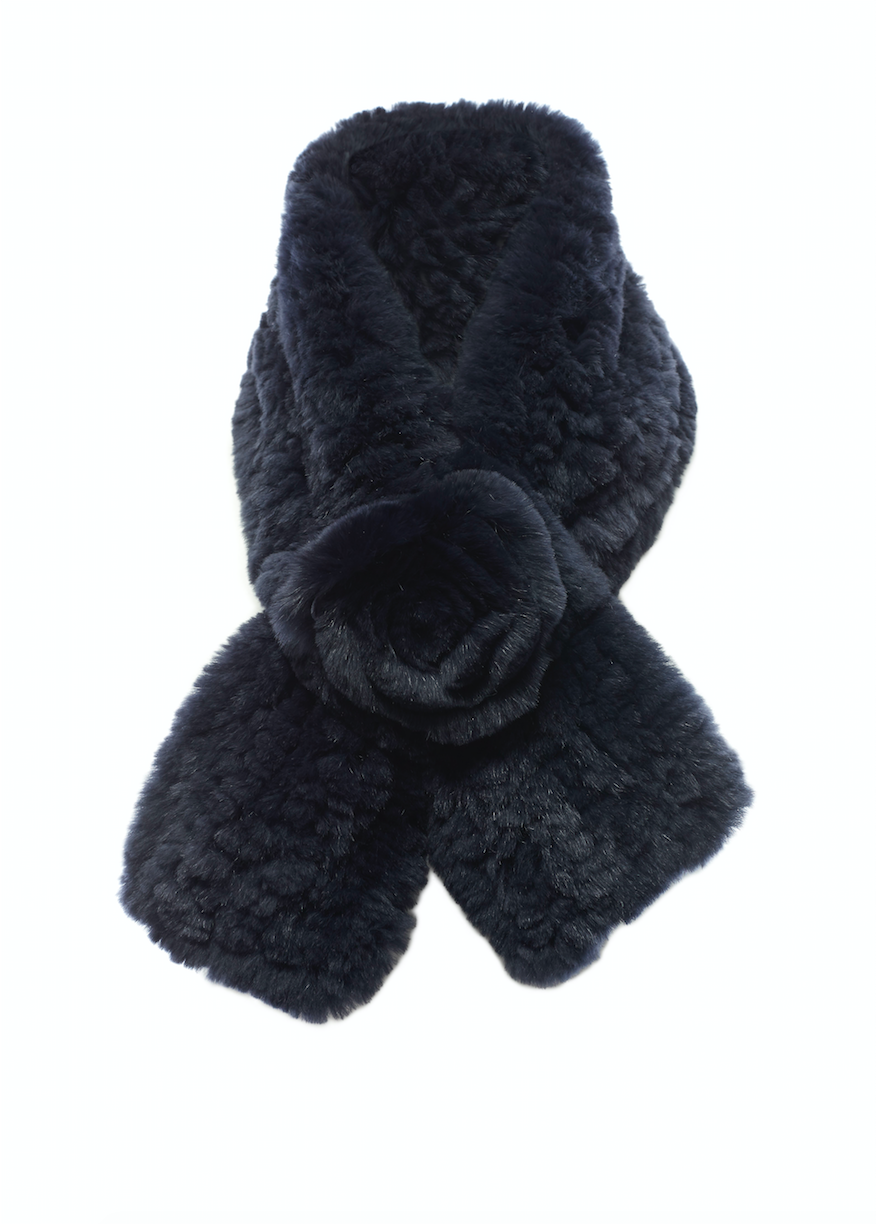 Navy Real Rex Rabbit Fur Rose Scarf - Jessimara
