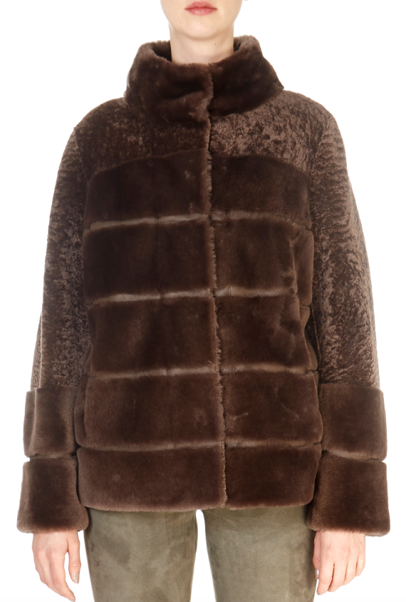 Taupe Short Panelled Reversible Sheepskin Coat - Jessimara