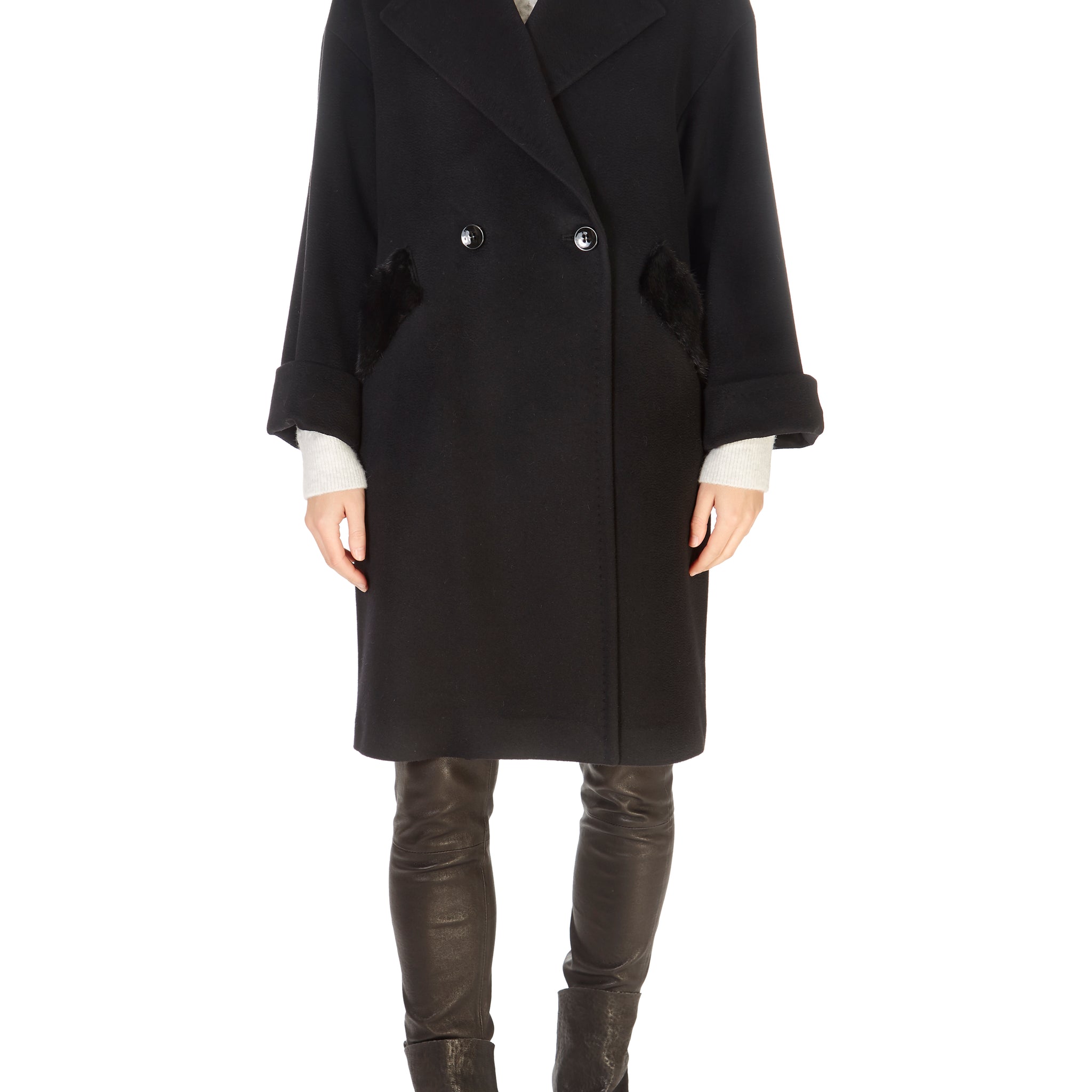 Black Wool Double Breasted Coat With Mink Trim - Jessimara