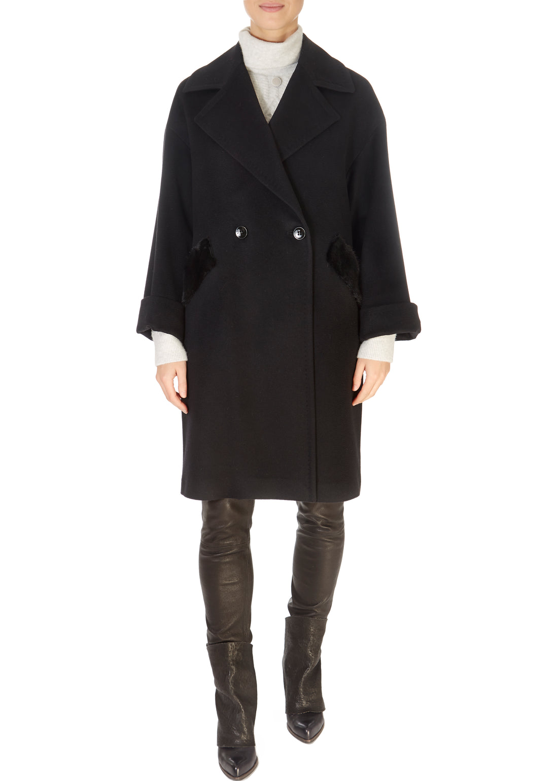 Black Wool Double Breasted Coat With Mink Trim - Jessimara