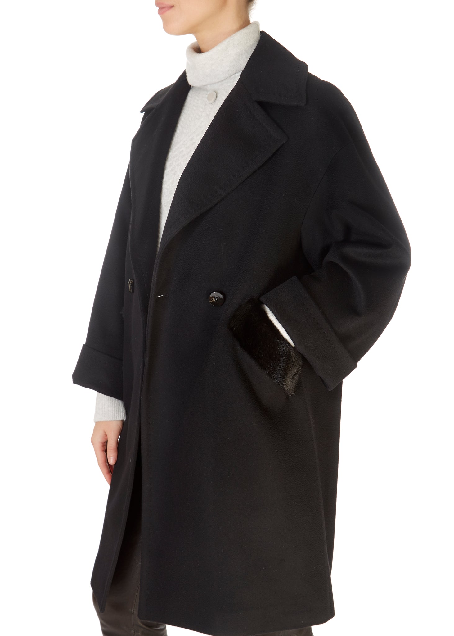 Black Wool Double Breasted Coat With Mink Trim - Jessimara