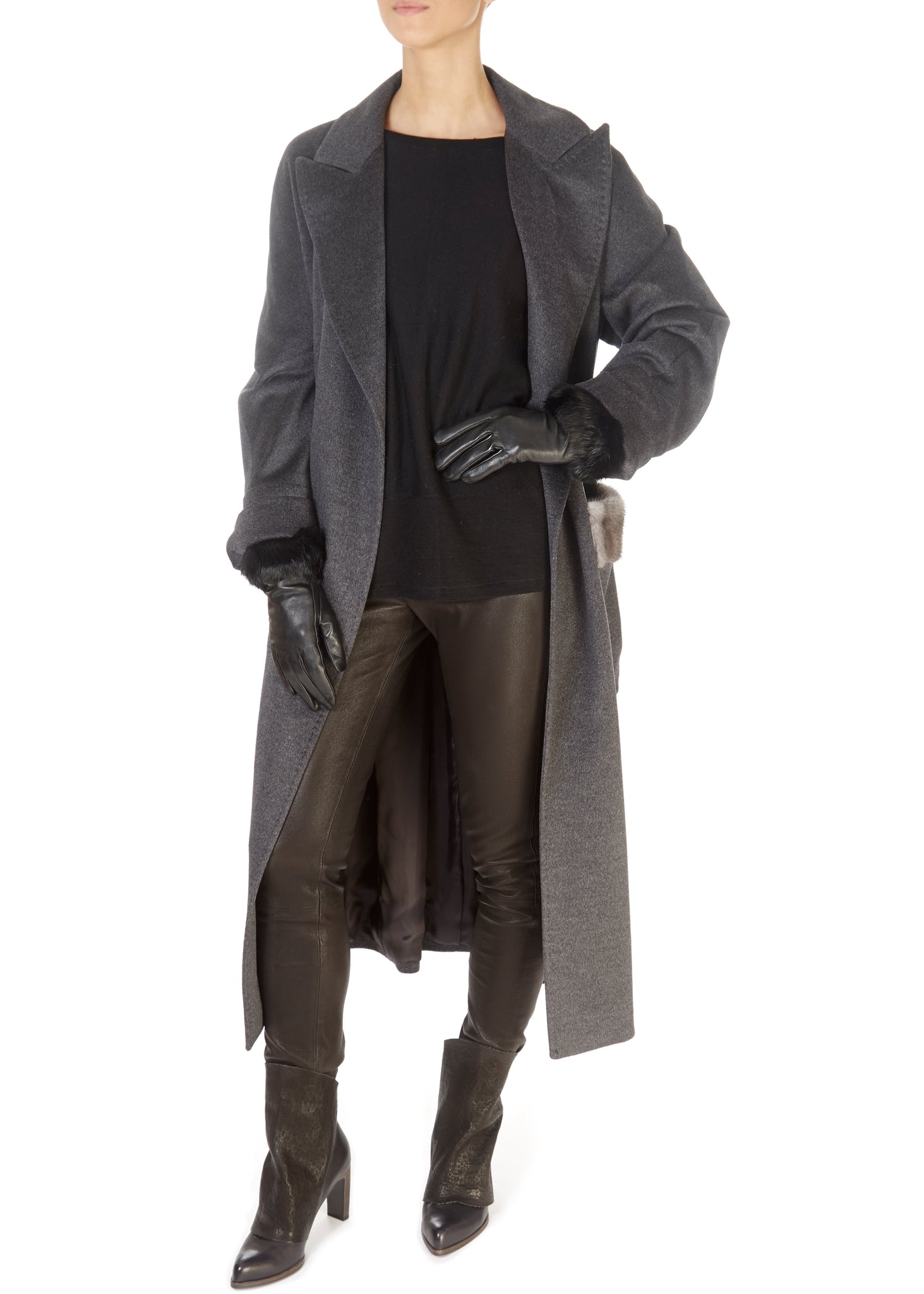 Grey Belted Wool Coat With Mink Pocket Trim - Jessimara