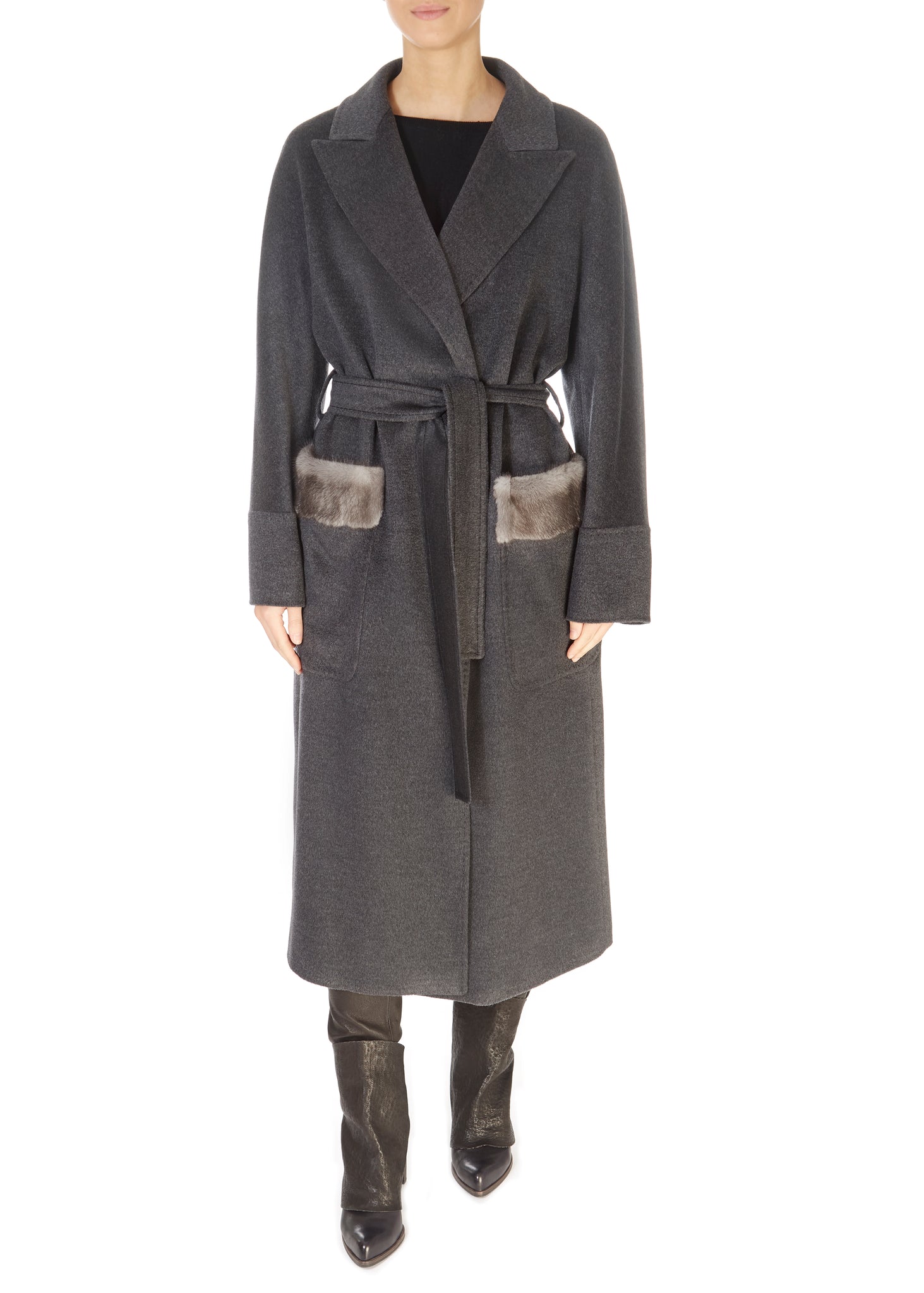Grey Belted Wool Coat With Mink Pocket Trim - Jessimara