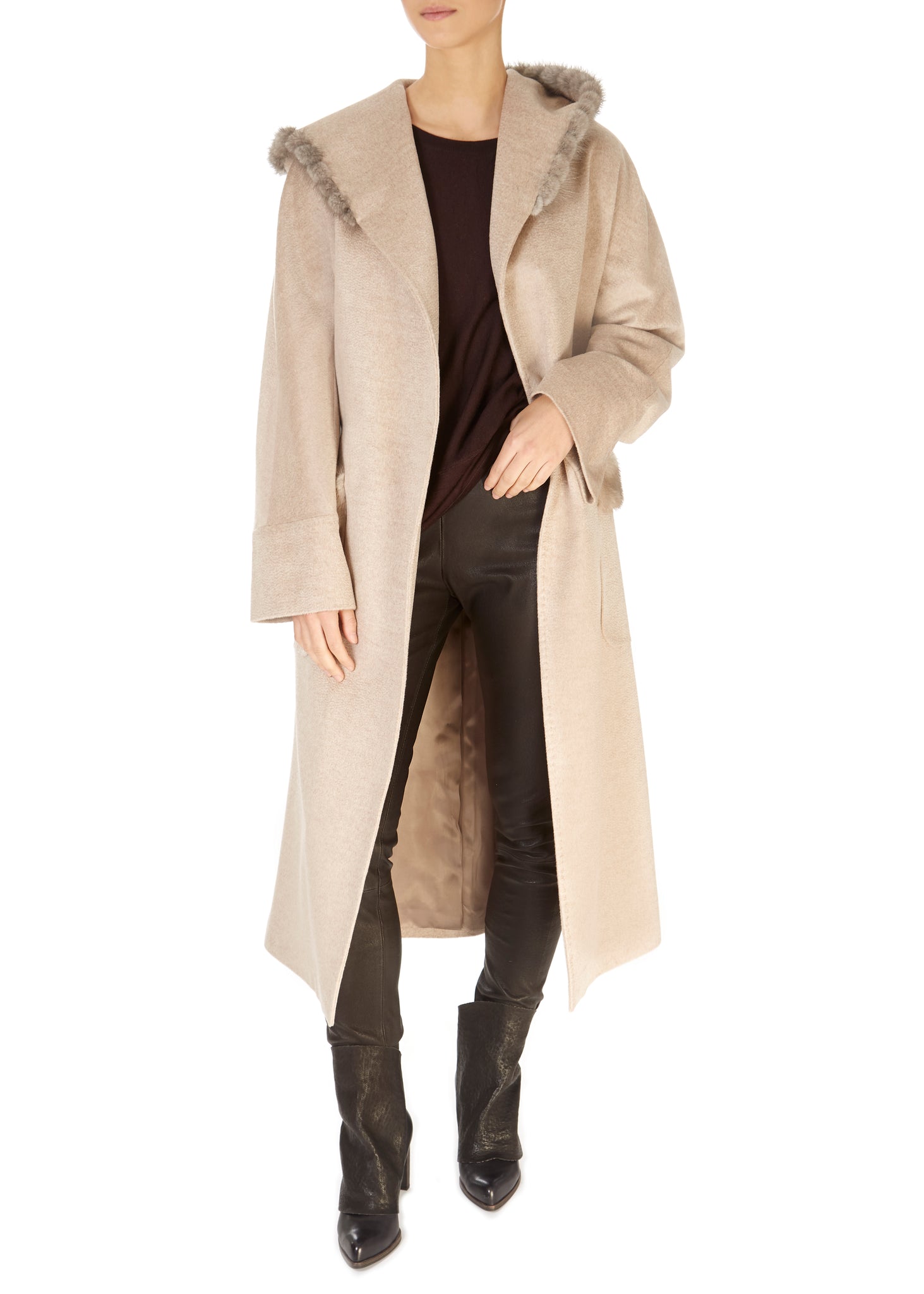 Long Belted Beige Coat With Mink Trim - Jessimara
