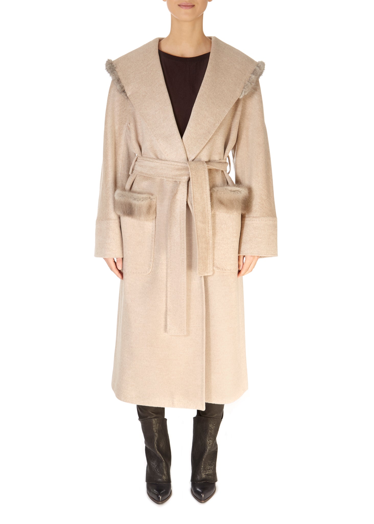 Long Belted Beige Coat With Mink Trim - Jessimara