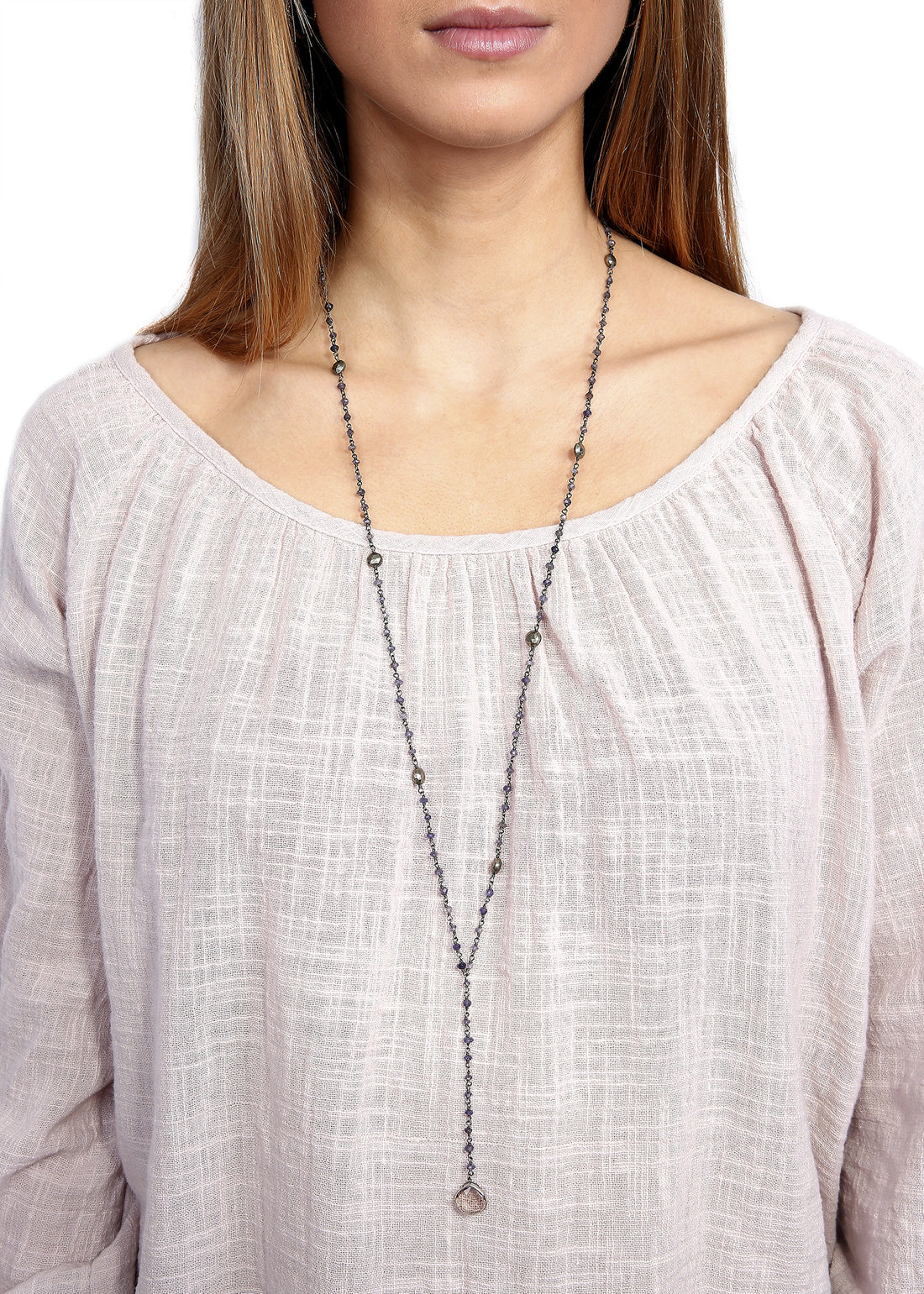 Ela Rae 'Yaeli' Lolite, Pyrite, S.Quartz Chain Drop Down Necklace - Jessimara