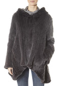 Dark Grey Asymmetric Knitted Rex Rabbit Jacket With Hood - Jessimara