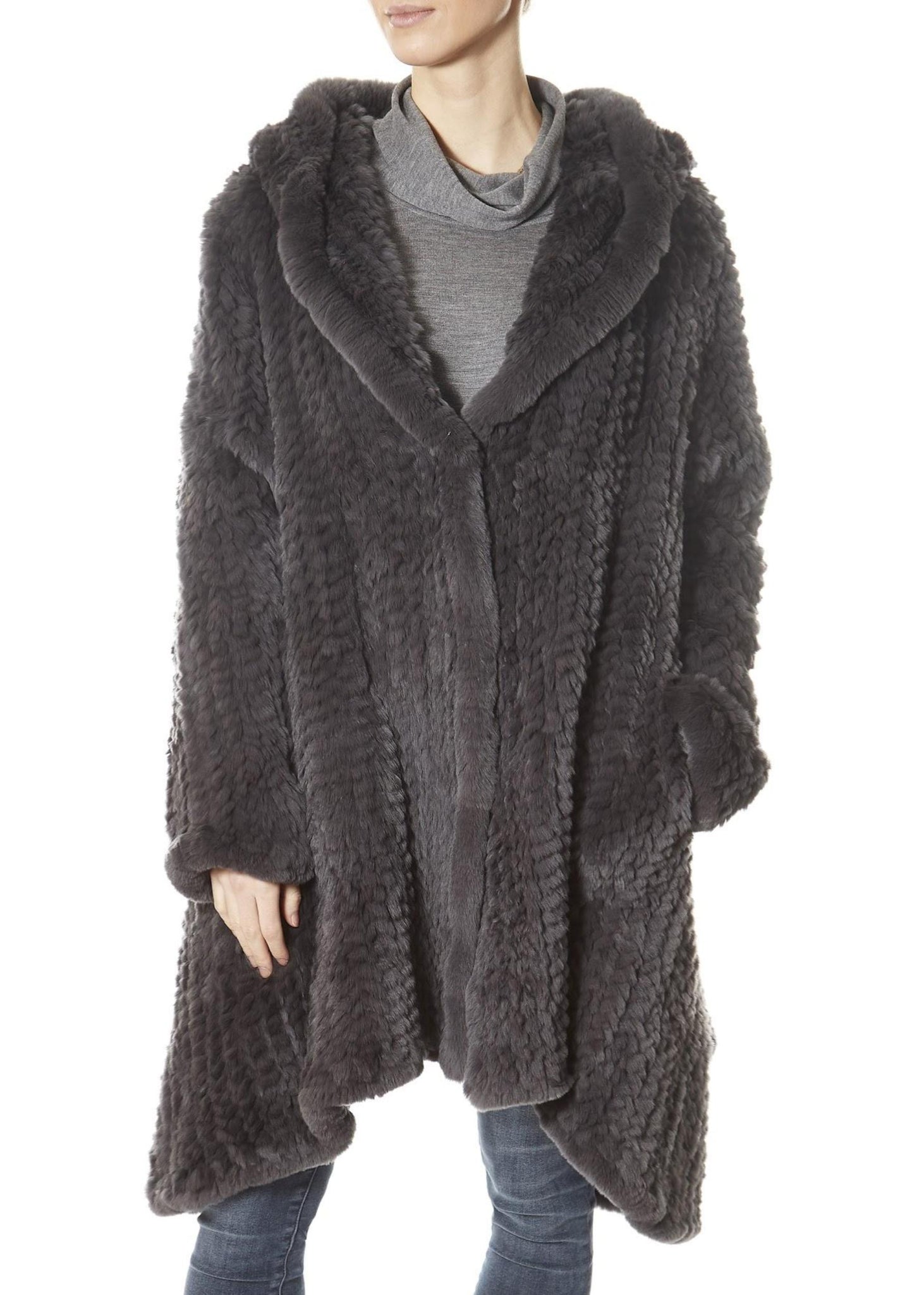 Dark Grey Long Hooded Asymmetric Knitted Rex Rabbit Jacket - Jessimara