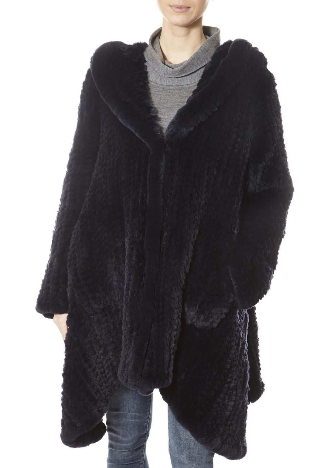 Navy Long Hooded Asymmetric Knitted Rex Rabbit Jacket - Jessimara