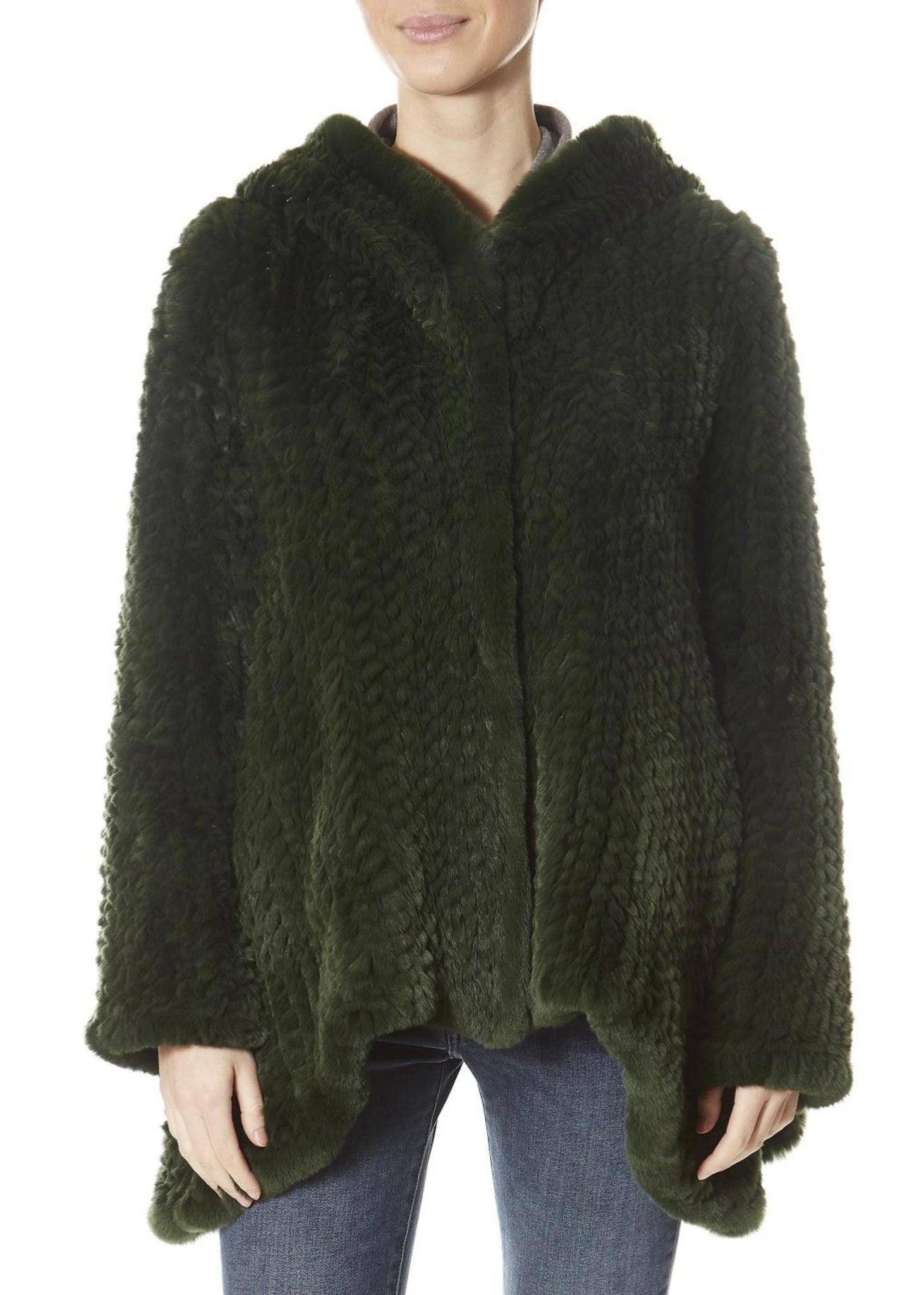 Green Asymmetric Knitted Rex Rabbit Jacket With Hood - Jessimara