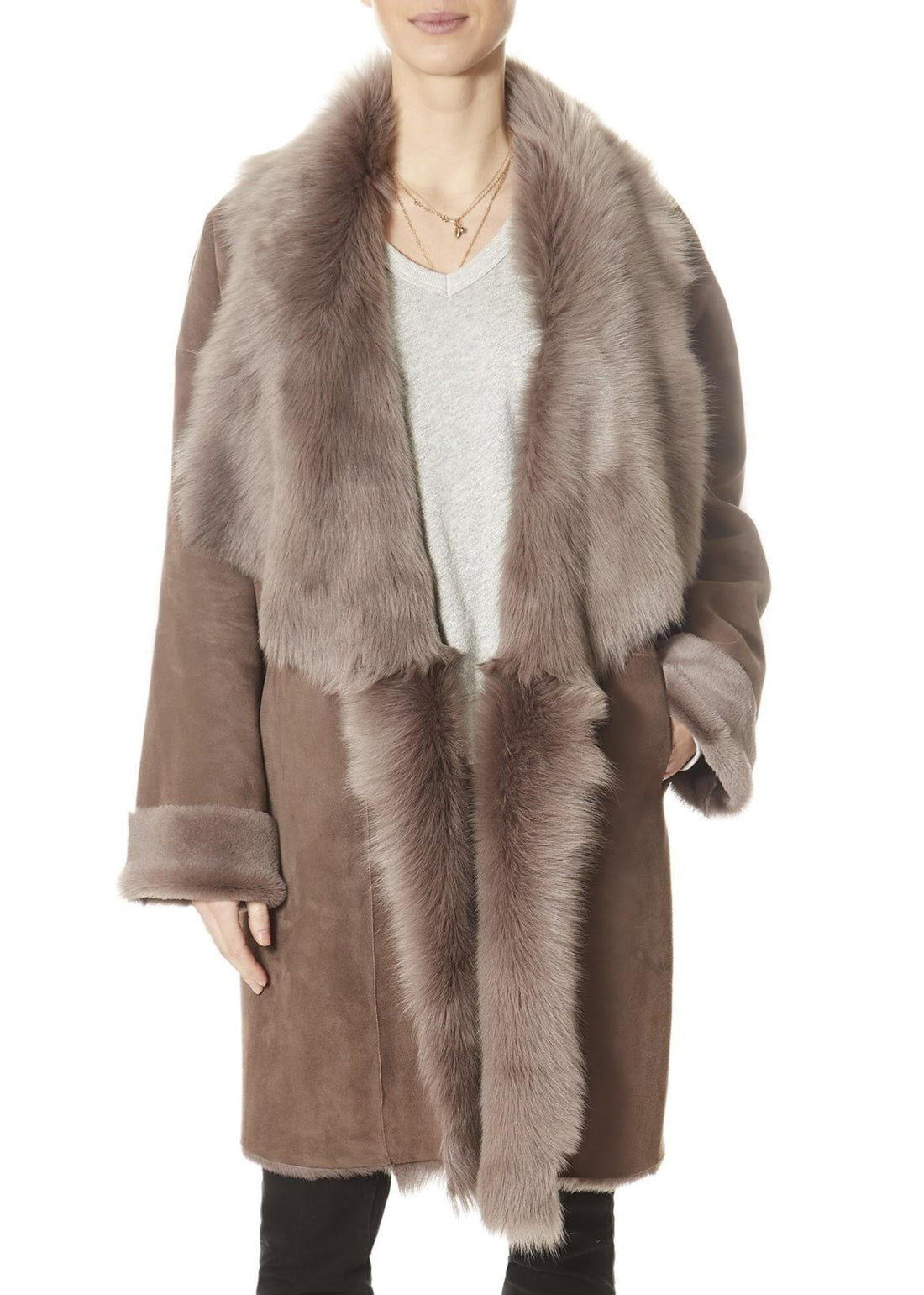 Loose New Taupe Shawl Collar Sheepskin Coat - Jessimara