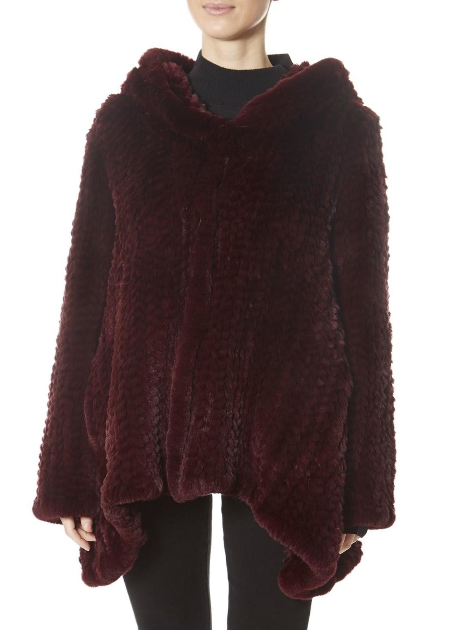 Burgundy Hooded Asymmetric Knitted Rex Rabbit Jacket - Jessimara