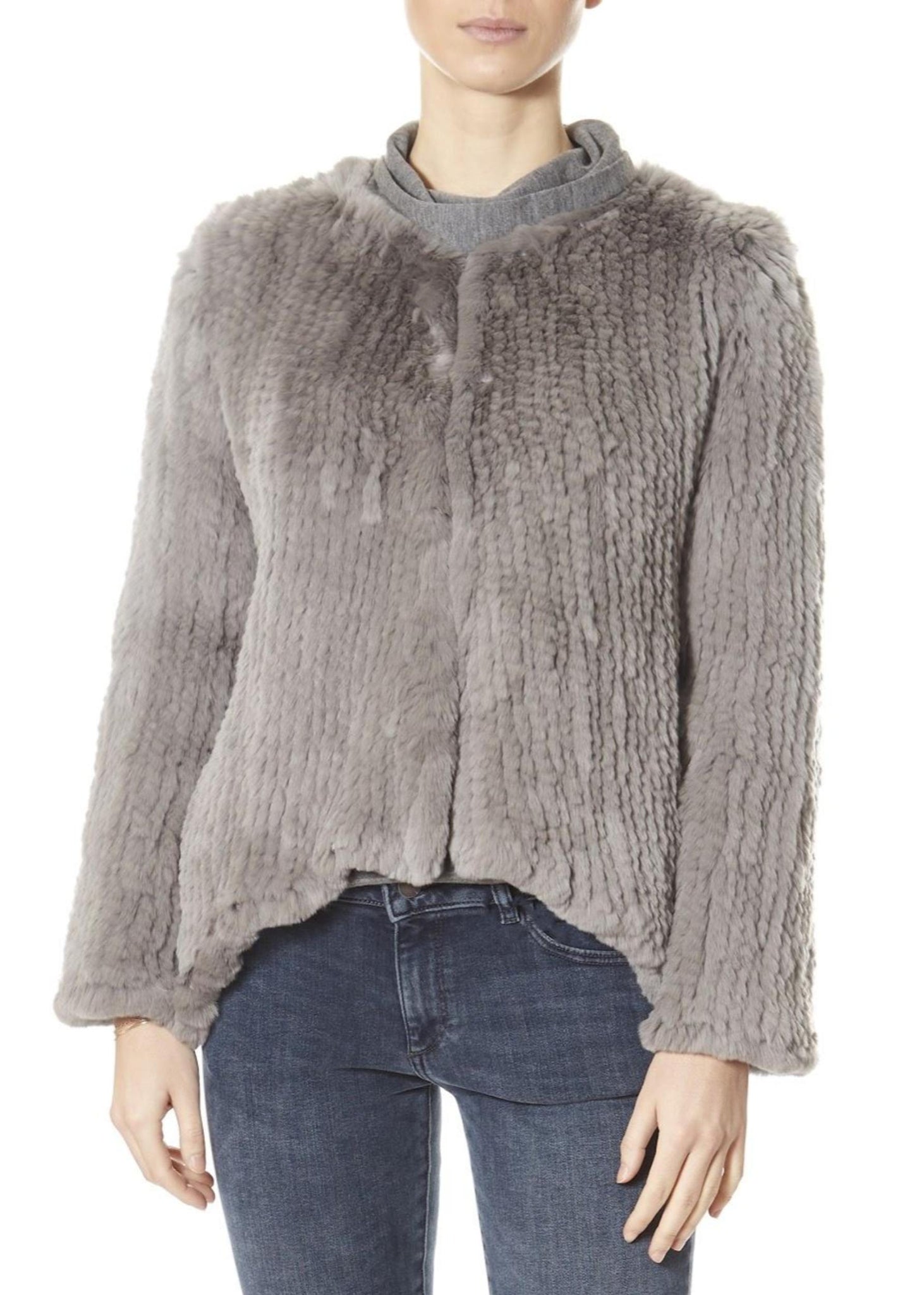 Light Grey Asymmetric Knitted Rex Rabbit Jacket - Jessimara