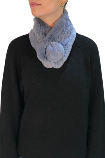 Denim Blue Bobble Knitted Rabbit Luxury Fur Scarf - Jessimara