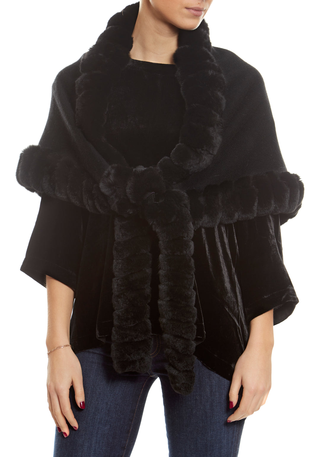 Black Wool Wrap with fur trim - Jessimara