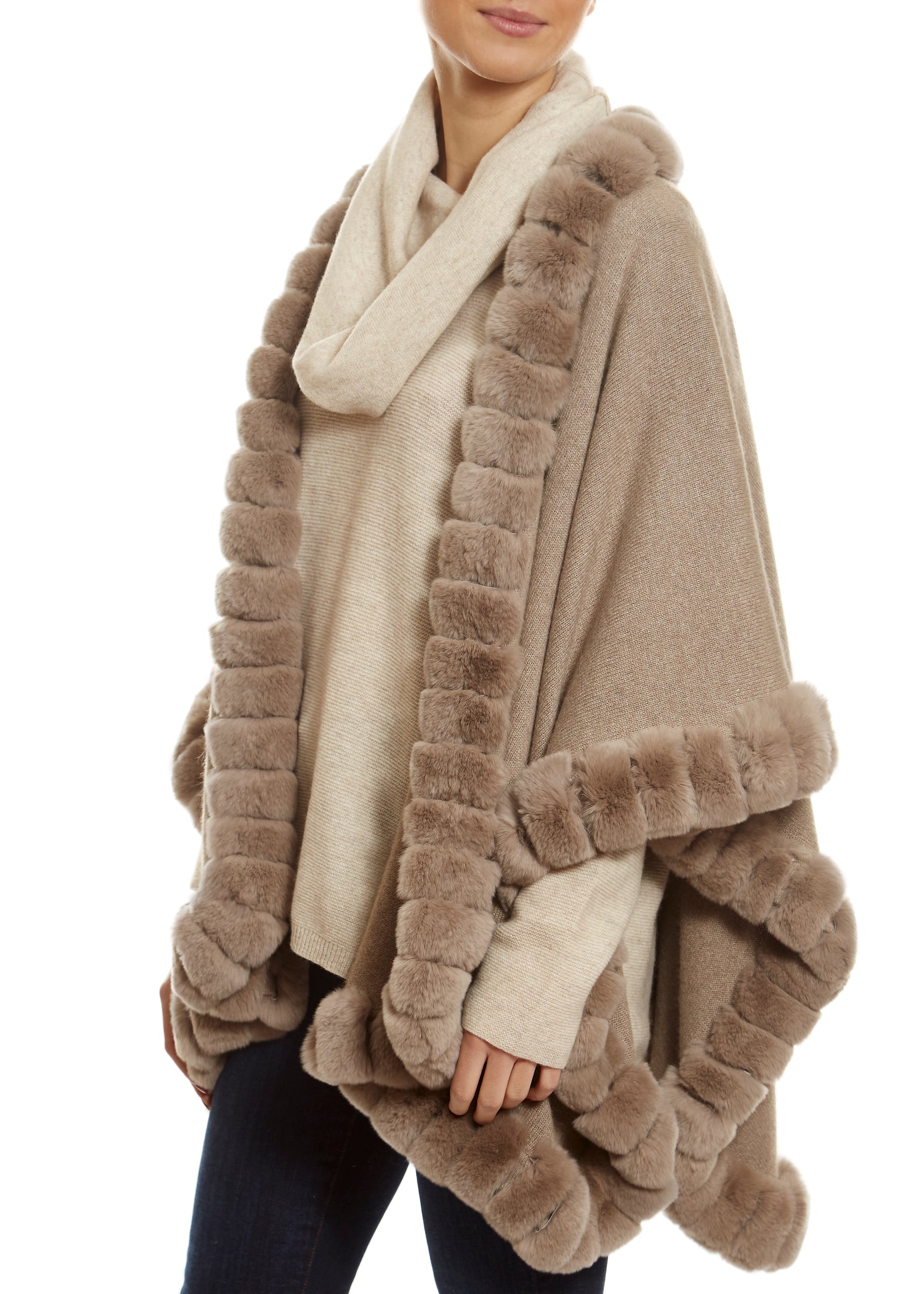 Wool Poncho Mocha with Rex Trimmings - Jessimara