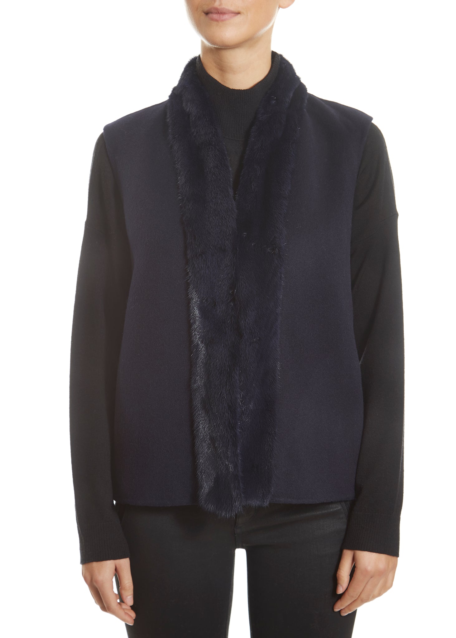 Navy 2 Piece Gilet and Coat with Mink Trim - Jessimara