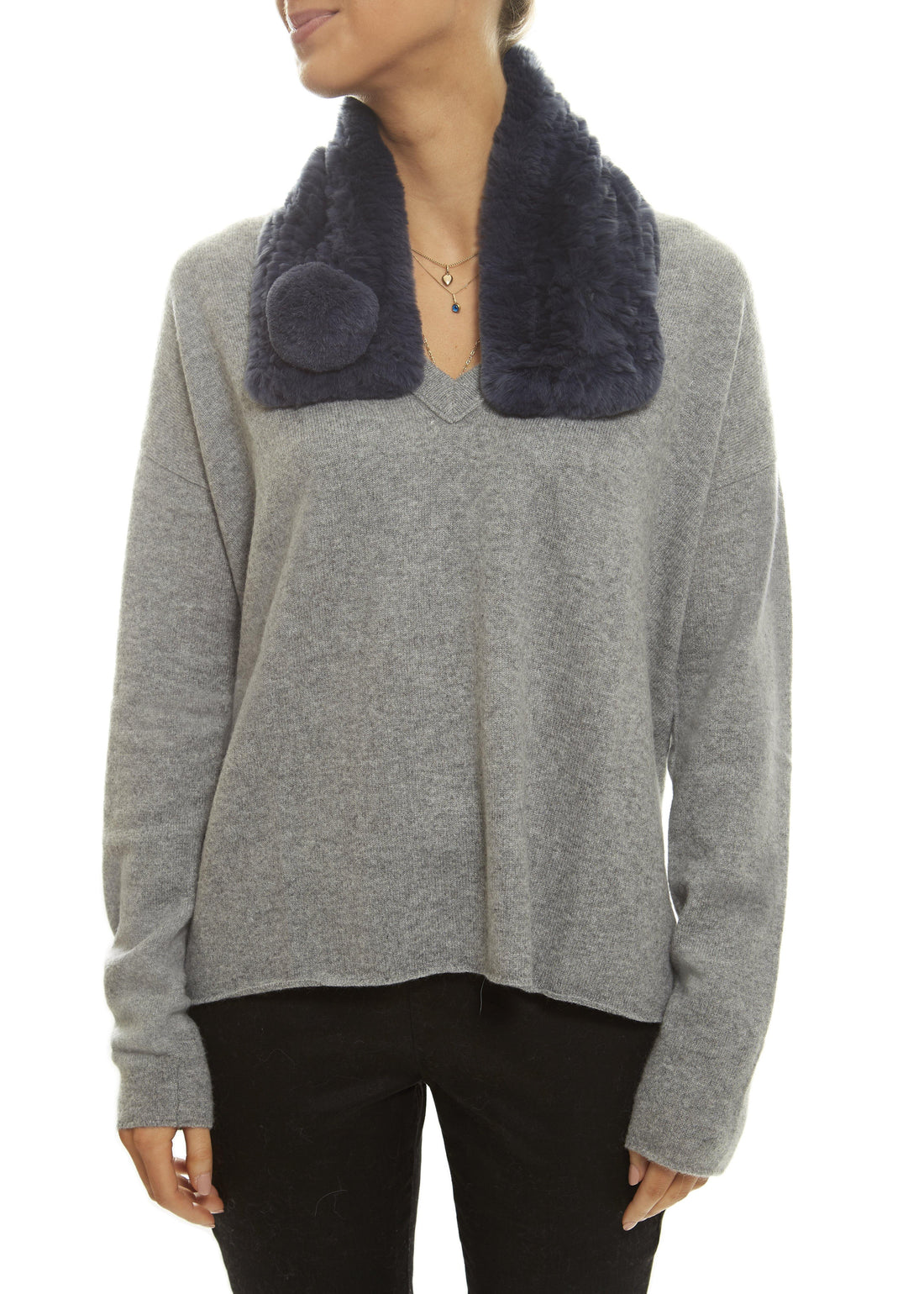 Dark Blue Bobble Knitted Rabbit Luxury Fur Scarf - Jessimara